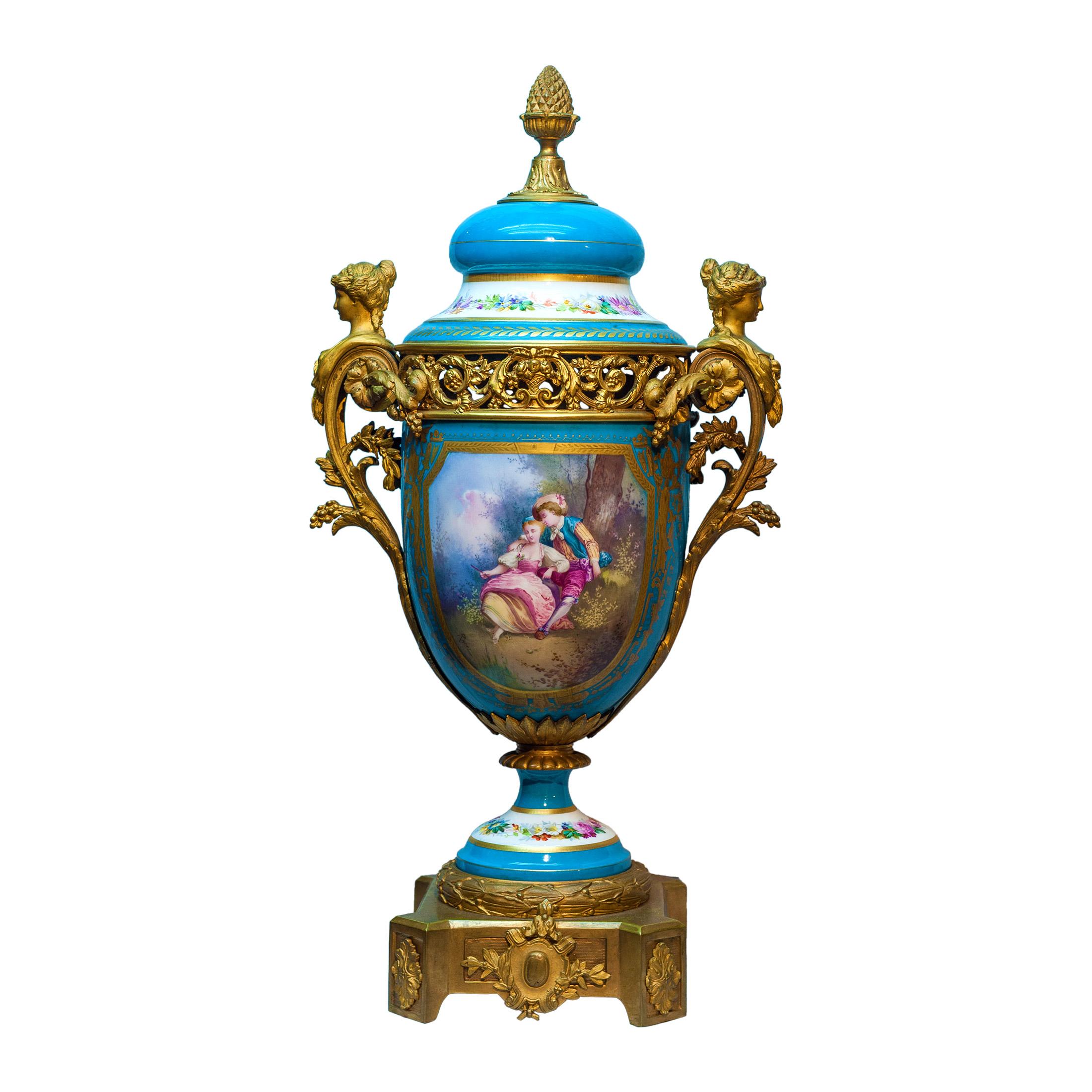 French 19th Century Pair of Sèvres Style Gilt Bronze Mounted Turquoise Porcelain Vases For Sale