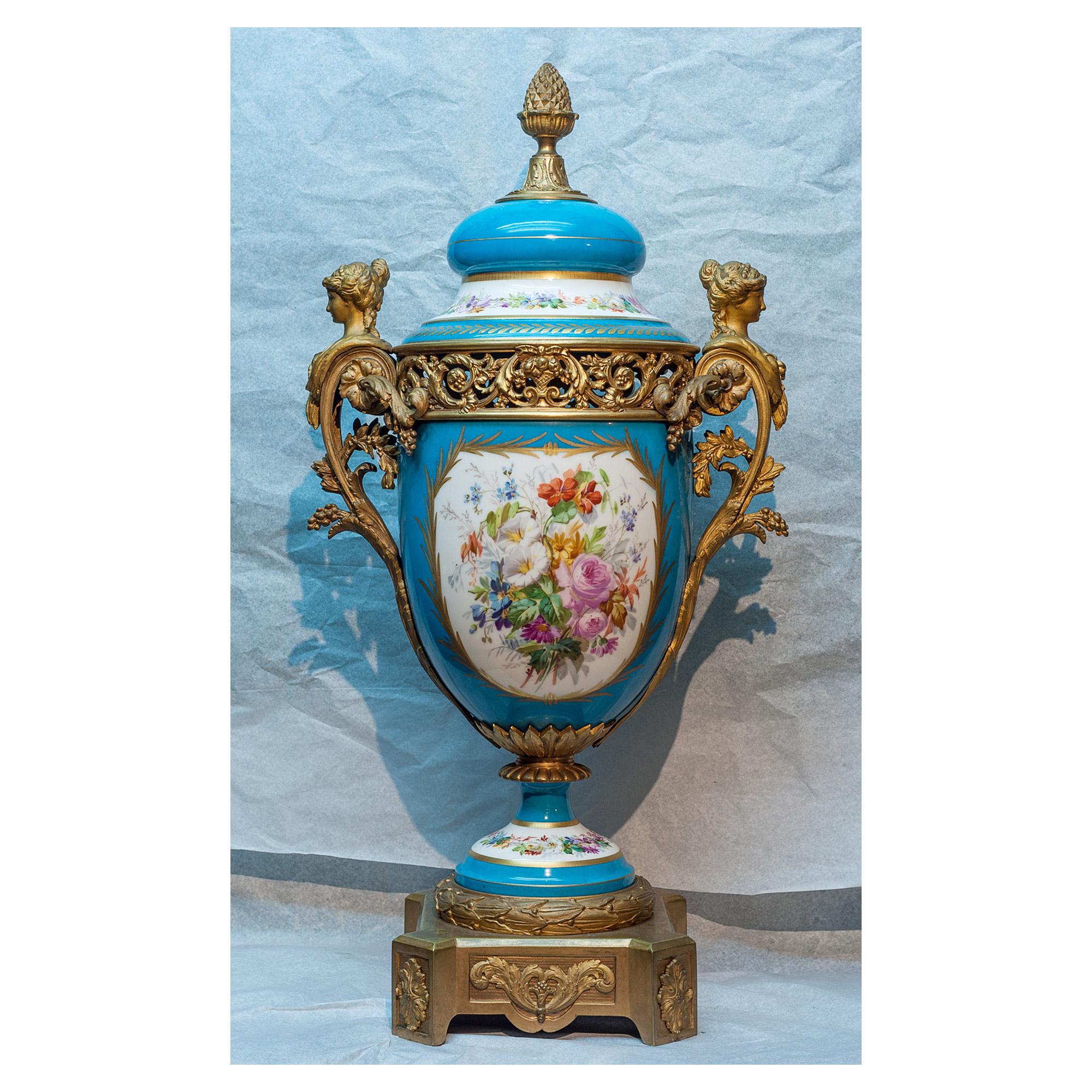 19th Century Pair of Sèvres Style Gilt Bronze Mounted Turquoise Porcelain Vases In Good Condition For Sale In New York, NY