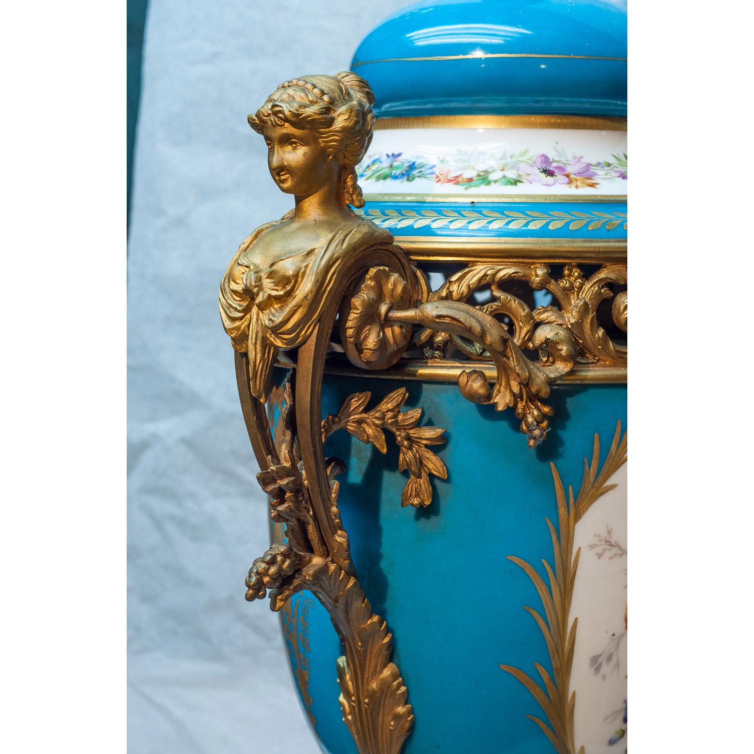 19th Century Pair of Sèvres Style Gilt Bronze Mounted Turquoise Porcelain Vases For Sale 4