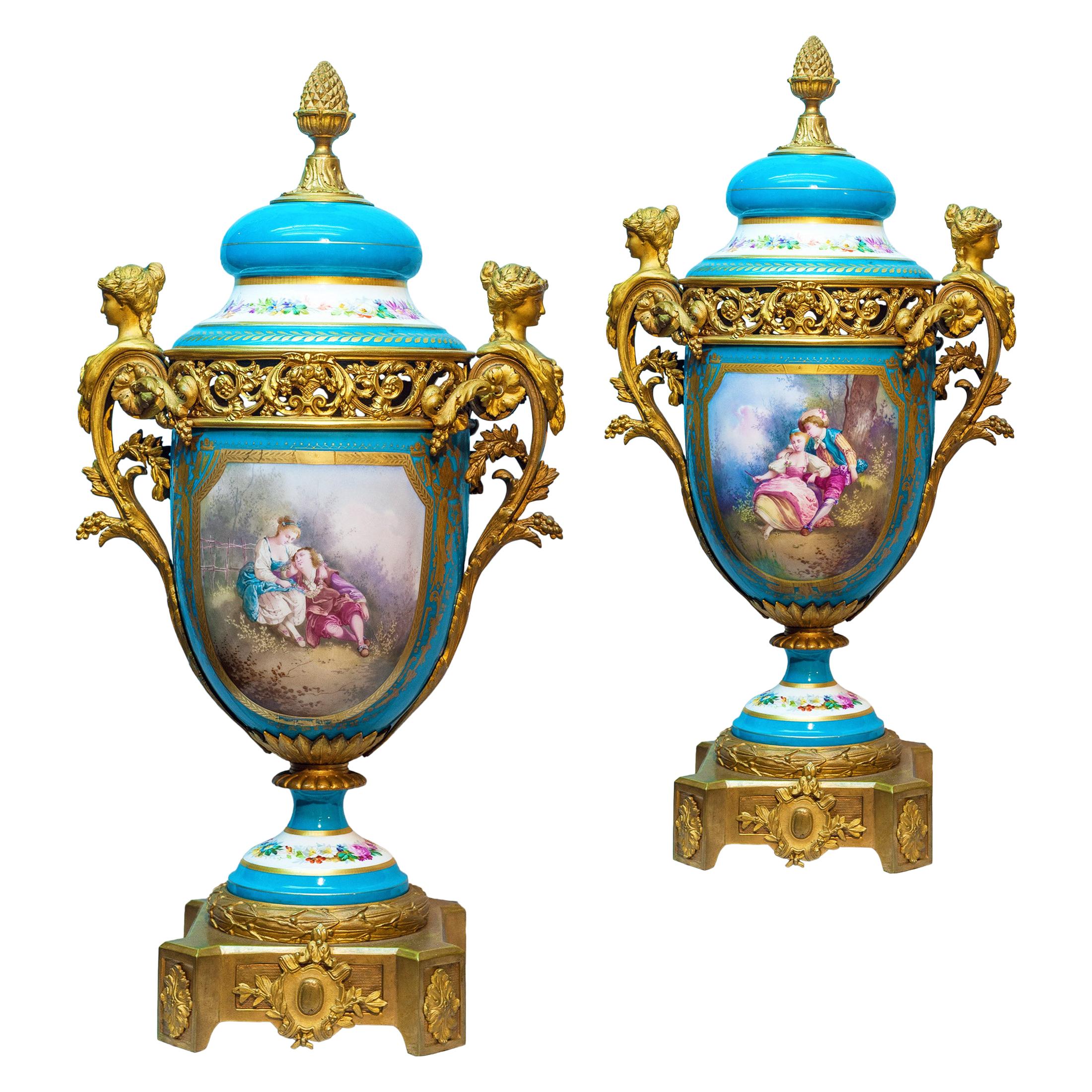 19th Century Pair of Sèvres Style Gilt Bronze Mounted Turquoise Porcelain Vases For Sale