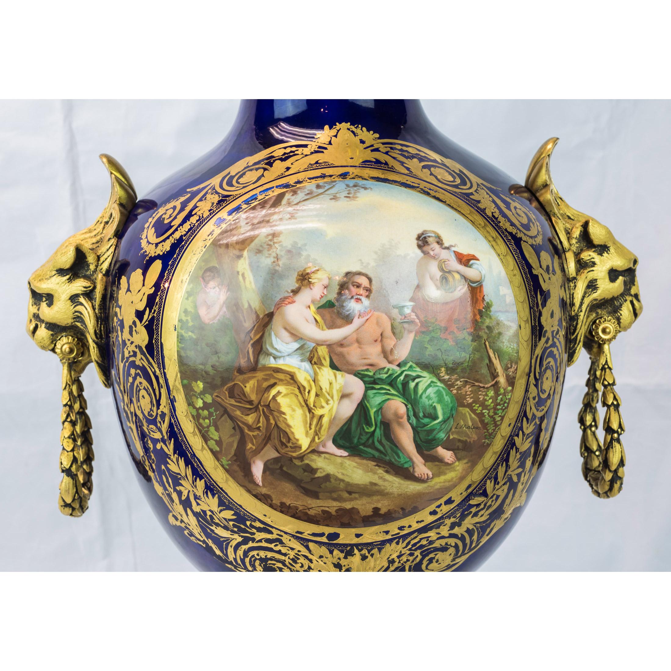 Gilt 19th Century Pair of Sèvres Style Ormolu Mounted Cobalt Blue Porcelain Vases For Sale