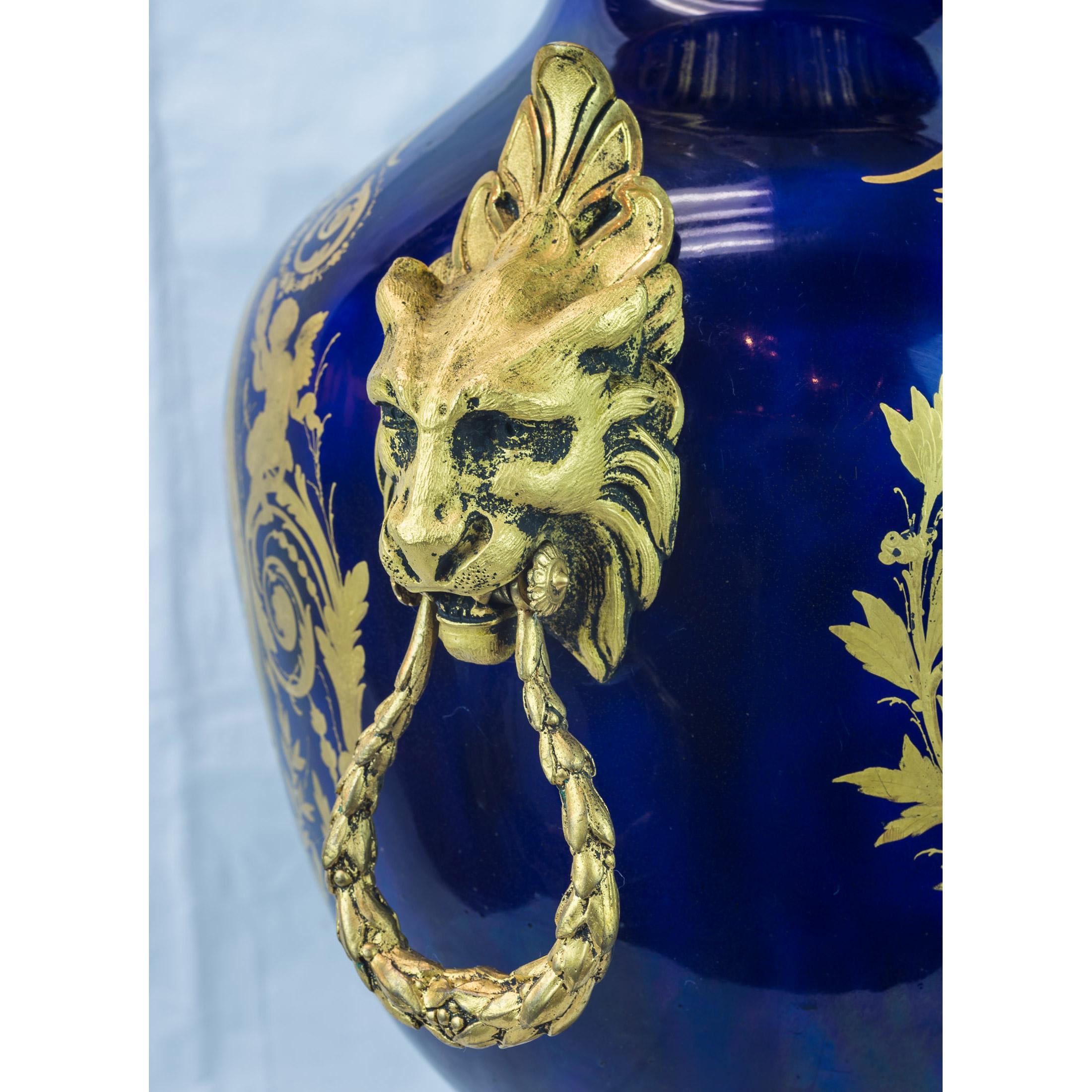 19th Century Pair of Sèvres Style Ormolu Mounted Cobalt Blue Porcelain Vases For Sale 1