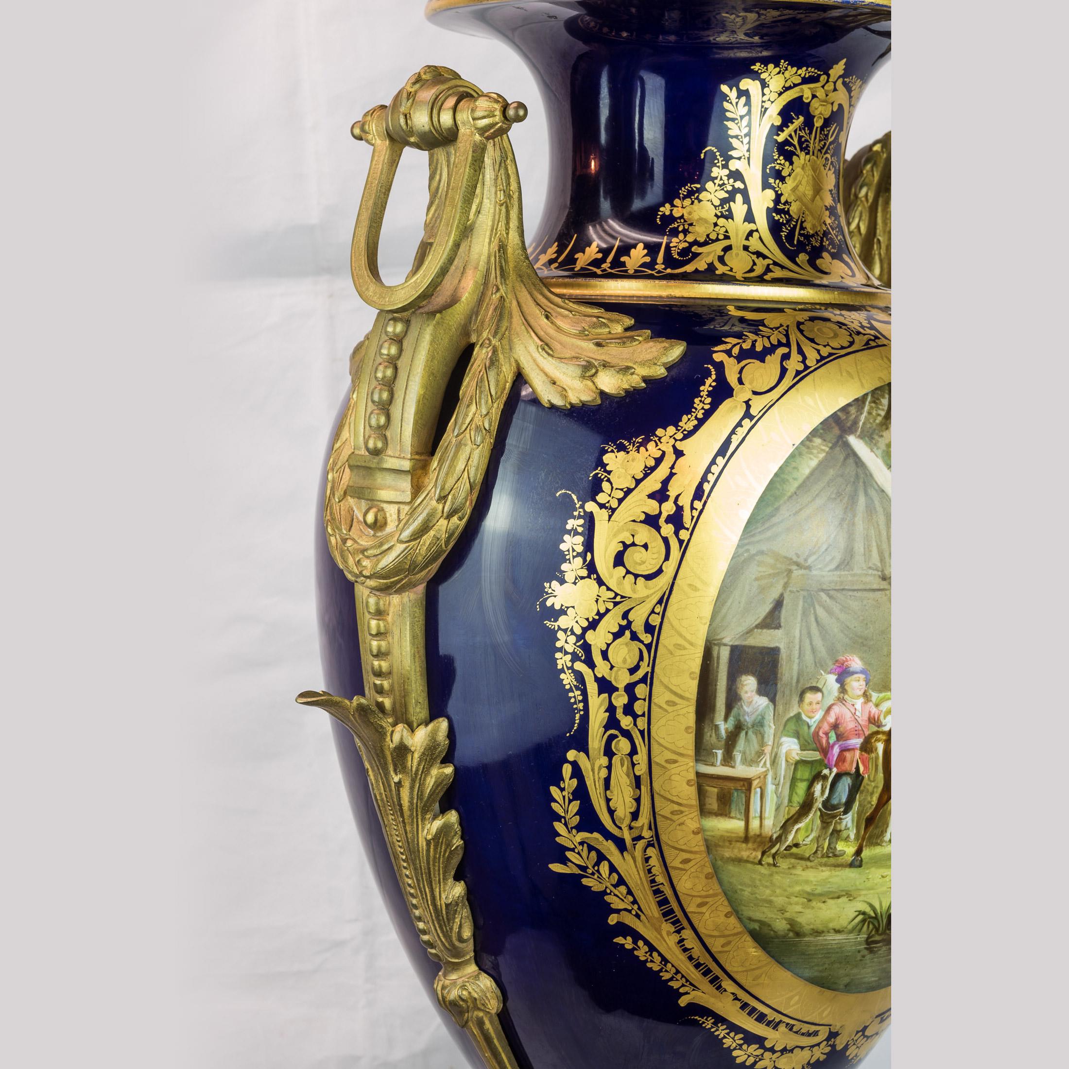 19th Century Pair of Sèvres Style Ormolu Mounted Cobalt Blue Porcelain Vases For Sale 1