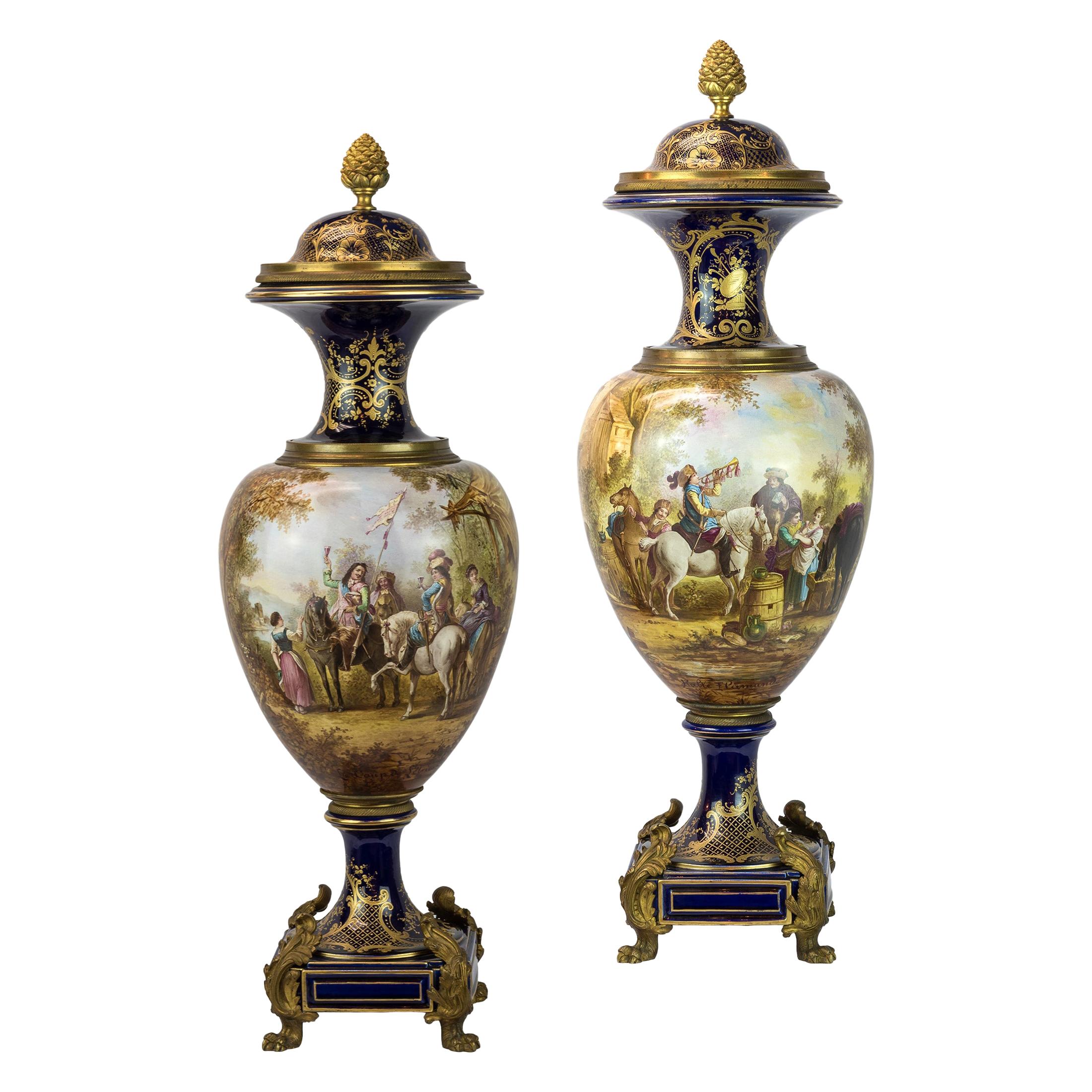 19th Century Pair of Sèvres Style Ormolu-Mounted Cobalt Blue Porcelain Vases