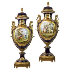 Antique 19th Century Pair of Sèvres Style Ormolu Mounted Cobalt Blue Porcelain Vases