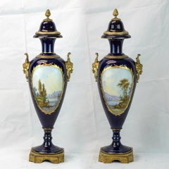 19th Century Pair of Sèvres Style Ormolu-Mounted Gilt Bronze Cobalt Blue Vases