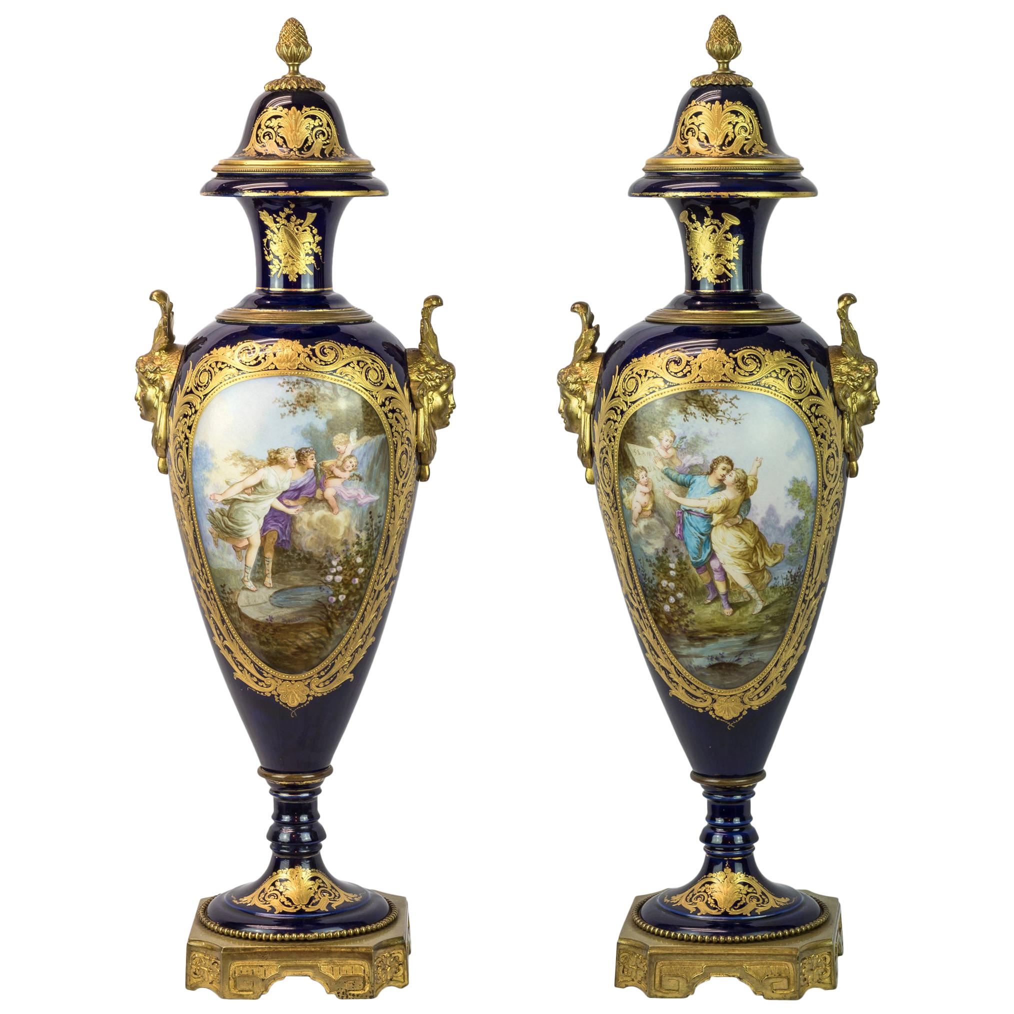 19th Century Pair of Sèvres Style Ormolu-Mounted Gilt Bronze Cobalt Blue Vases