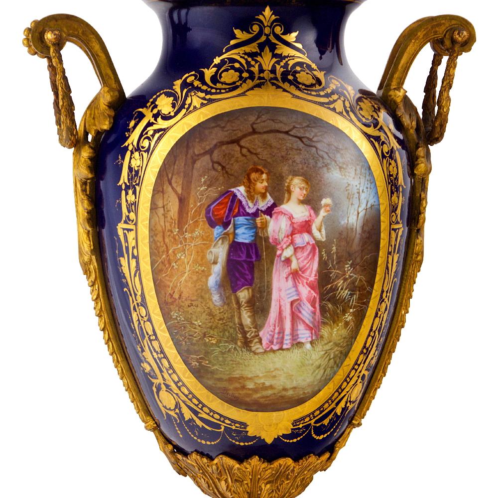 French 19th Century Pair of Sevres Style Ormolu Mounted Porcelain Urns and Cover