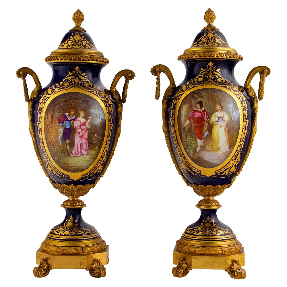 Gilt 19th Century Pair of Sevres Style Ormolu Mounted Porcelain Urns and Cover