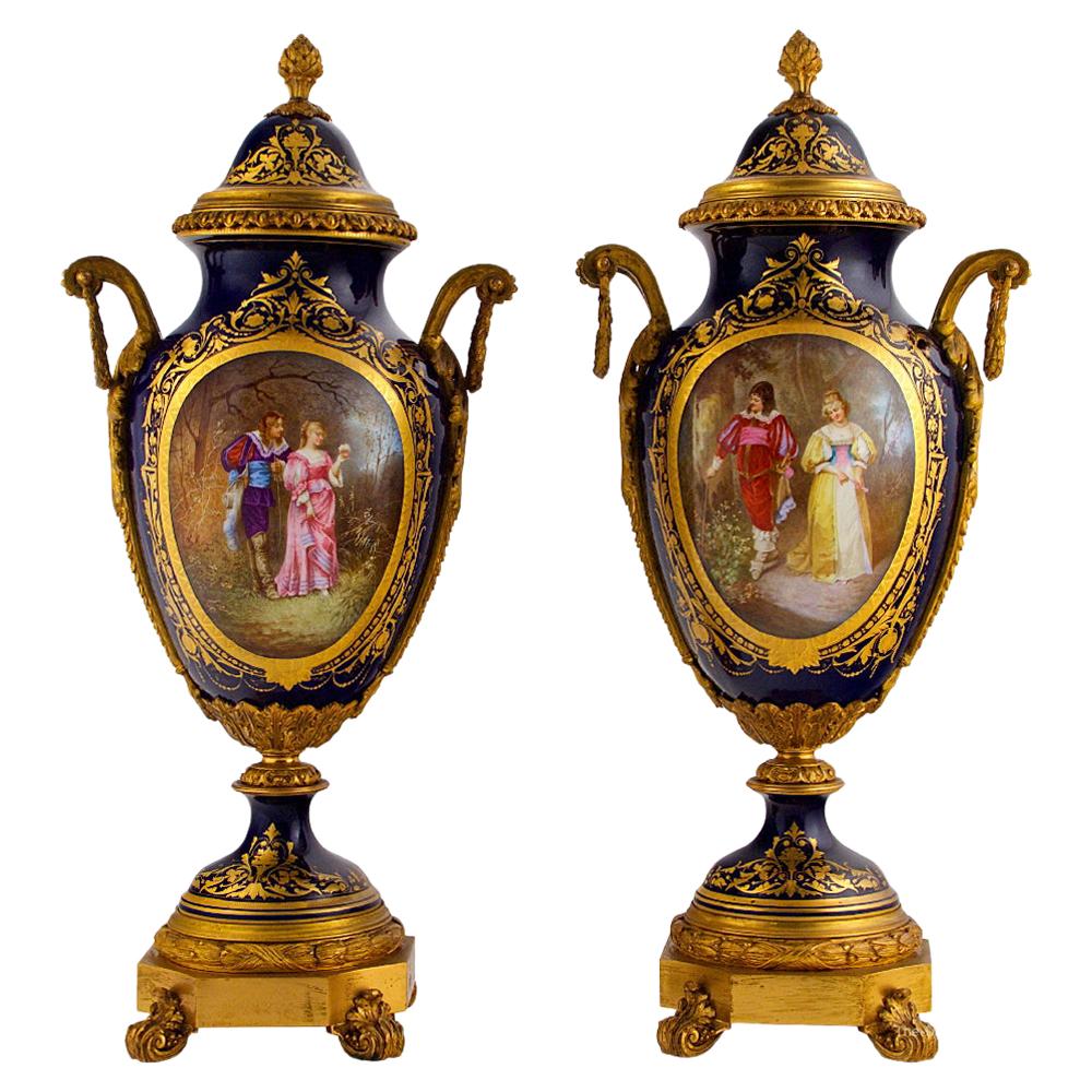 19th Century Pair of Sevres Style Ormolu Mounted Porcelain Urns and Cover