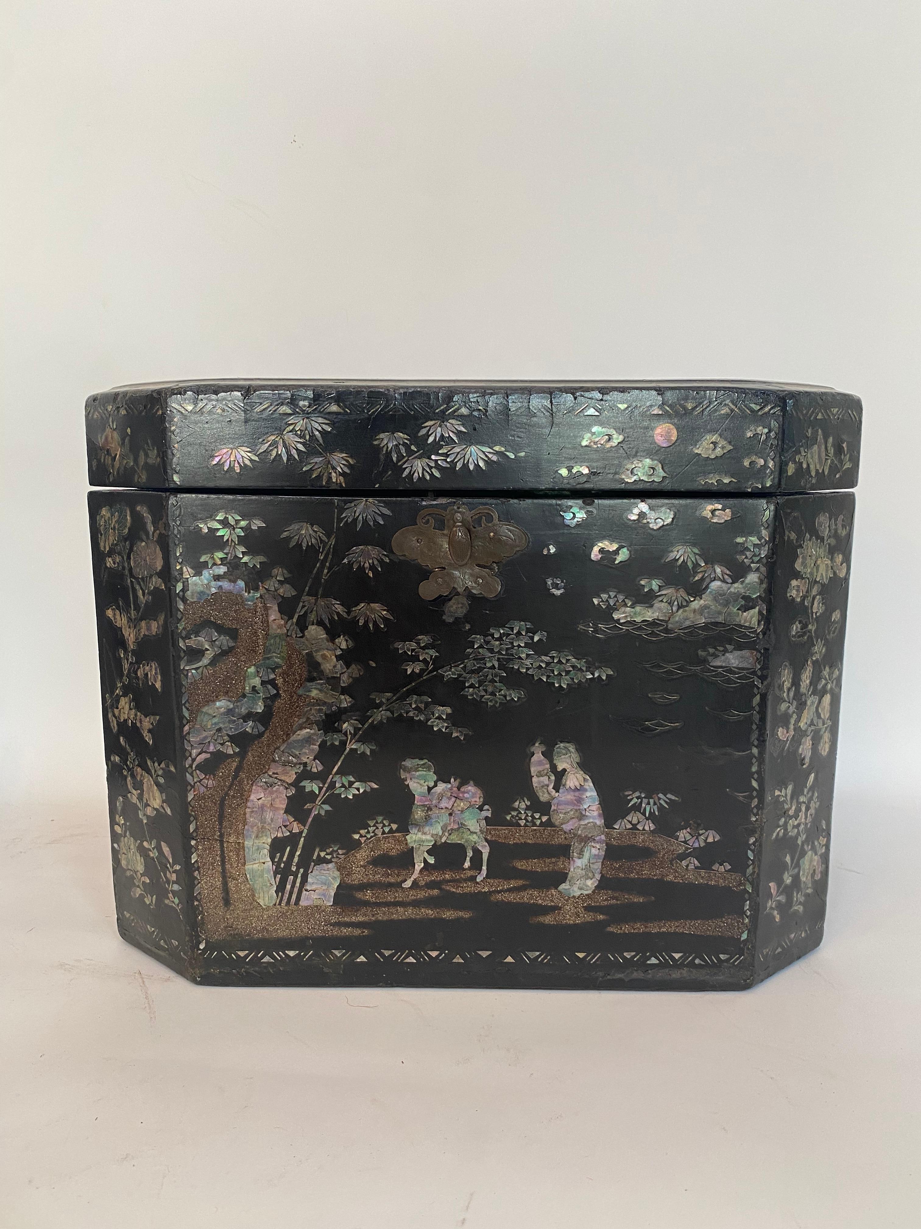 Qing 19th Century Two Shell Inlaid Black Lacquer Big Chinese Storage Boxes For Sale