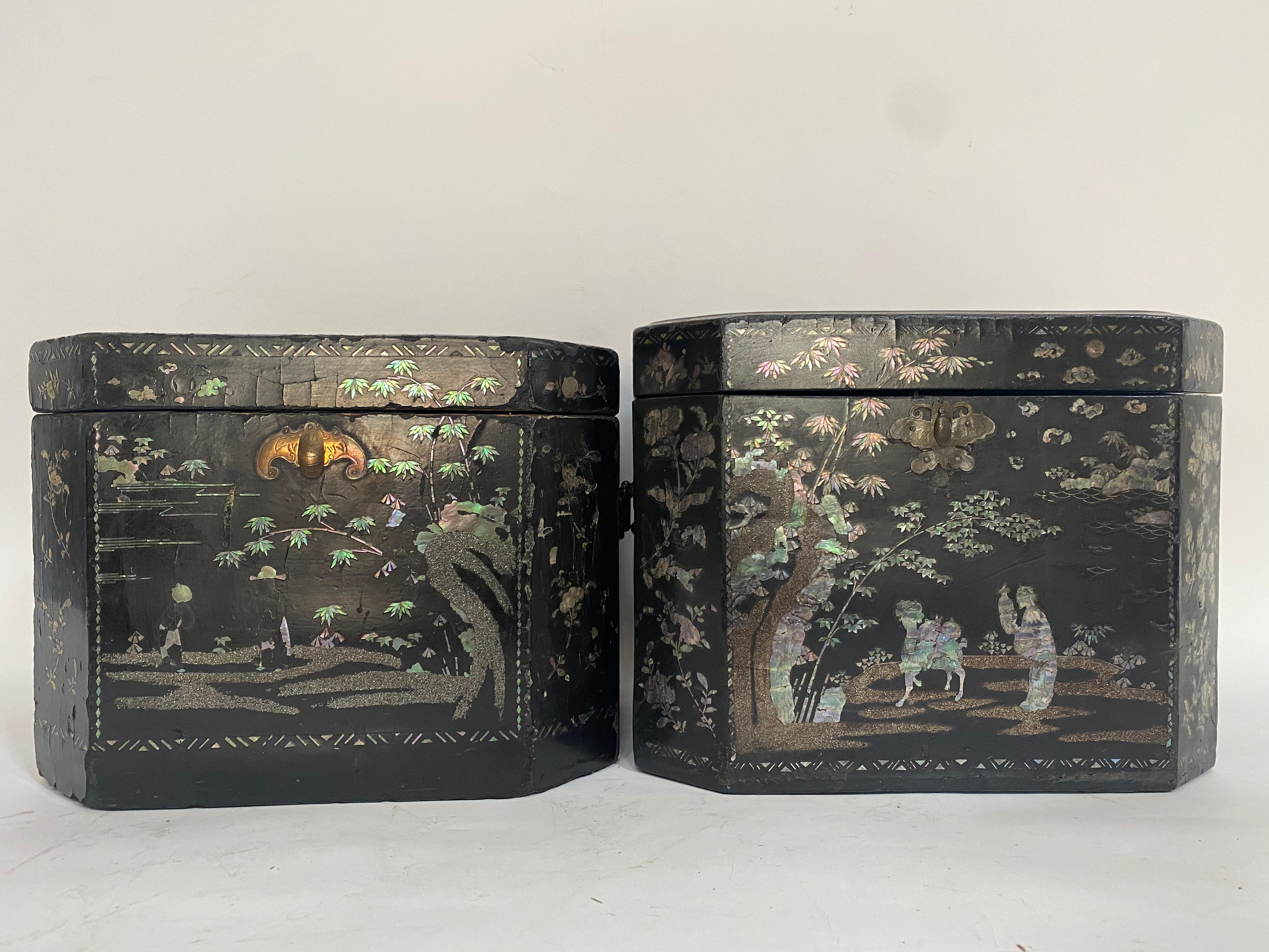 Hand-Crafted 19th Century Two Shell Inlaid Black Lacquer Big Chinese Storage Boxes For Sale