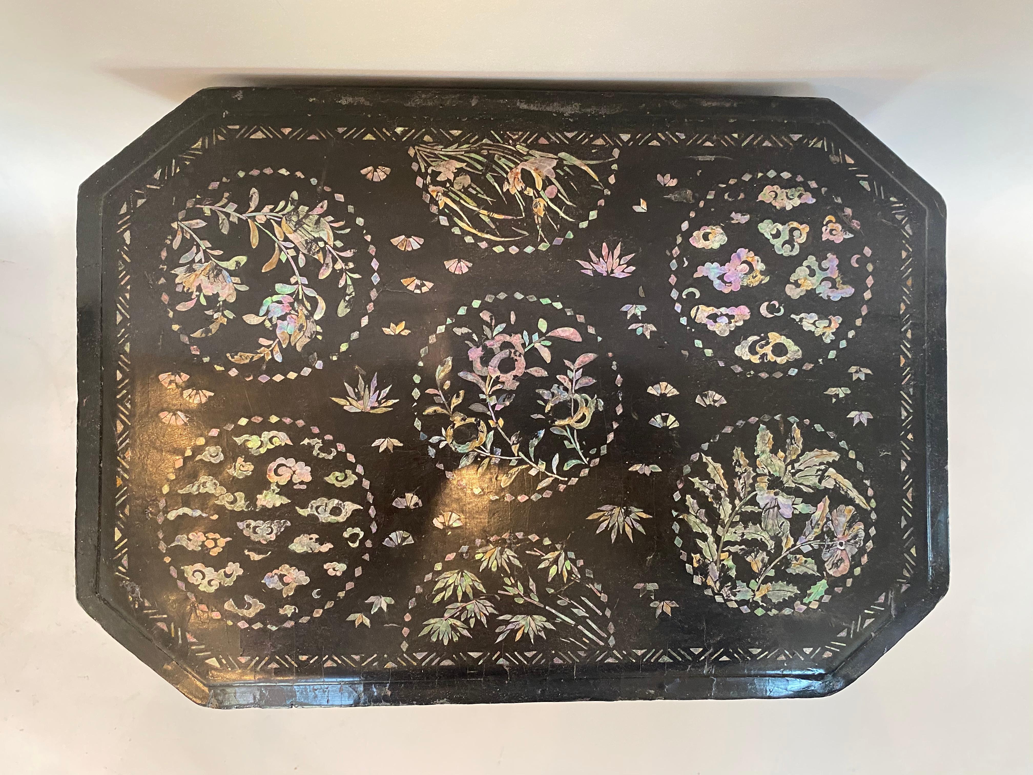 19th Century Two Shell Inlaid Black Lacquer Big Chinese Storage Boxes In Good Condition For Sale In Brea, CA