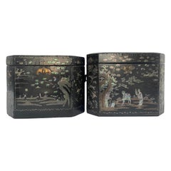 19th Century Two Shell Inlaid Black Lacquer Big Chinese Storage Boxes