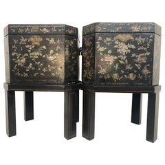 19th Century Unique Pair of Shell Inlaid Black Lacquer Big Chinese Tea Caddies