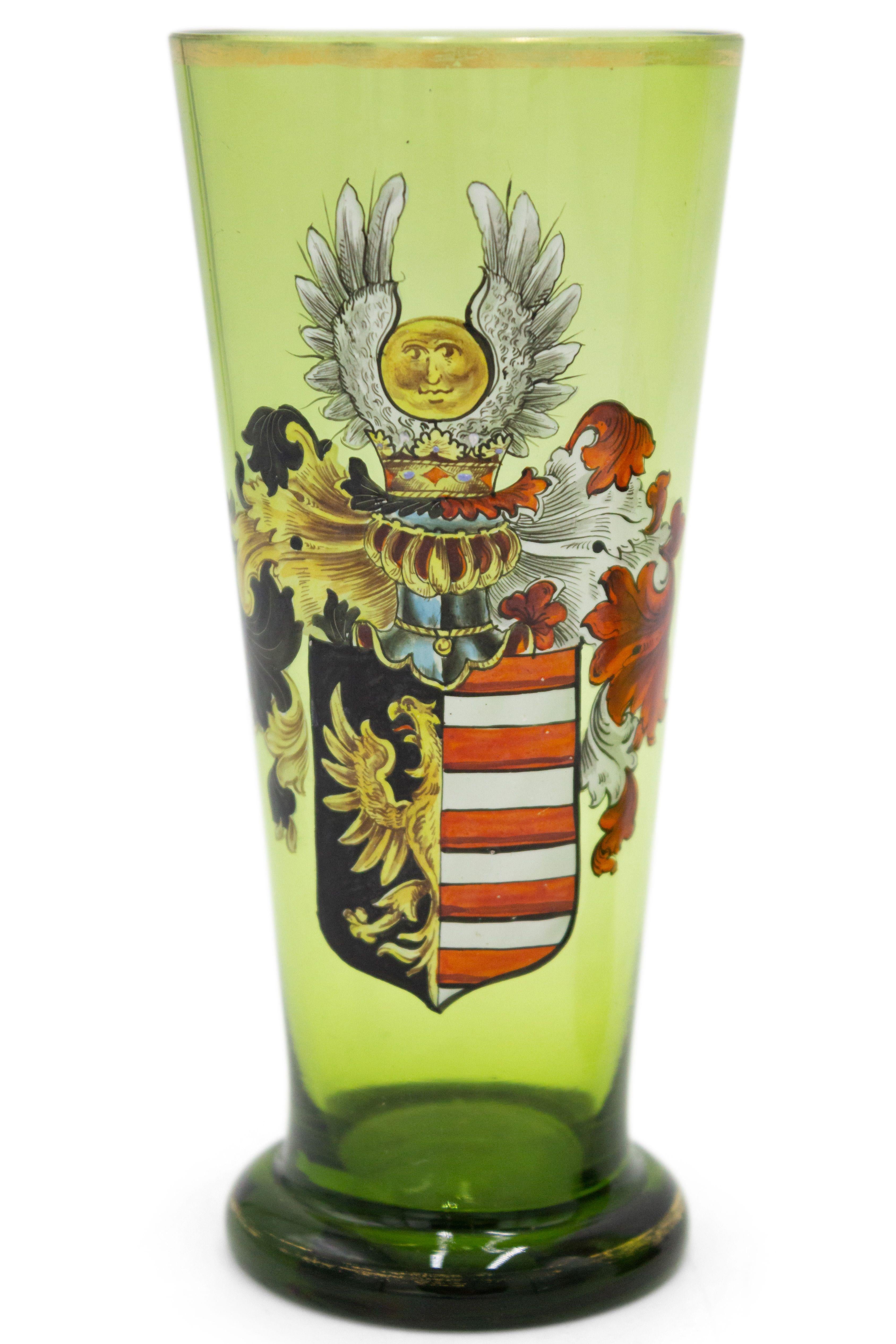 Other 19th Century Pair of Similar German Bohemian Green Glass Armorial Crest Vases For Sale