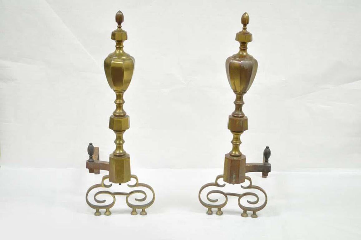 19th Century Pair of Solid Brass American Federal Fireplace Mantle Andirons For Sale 6