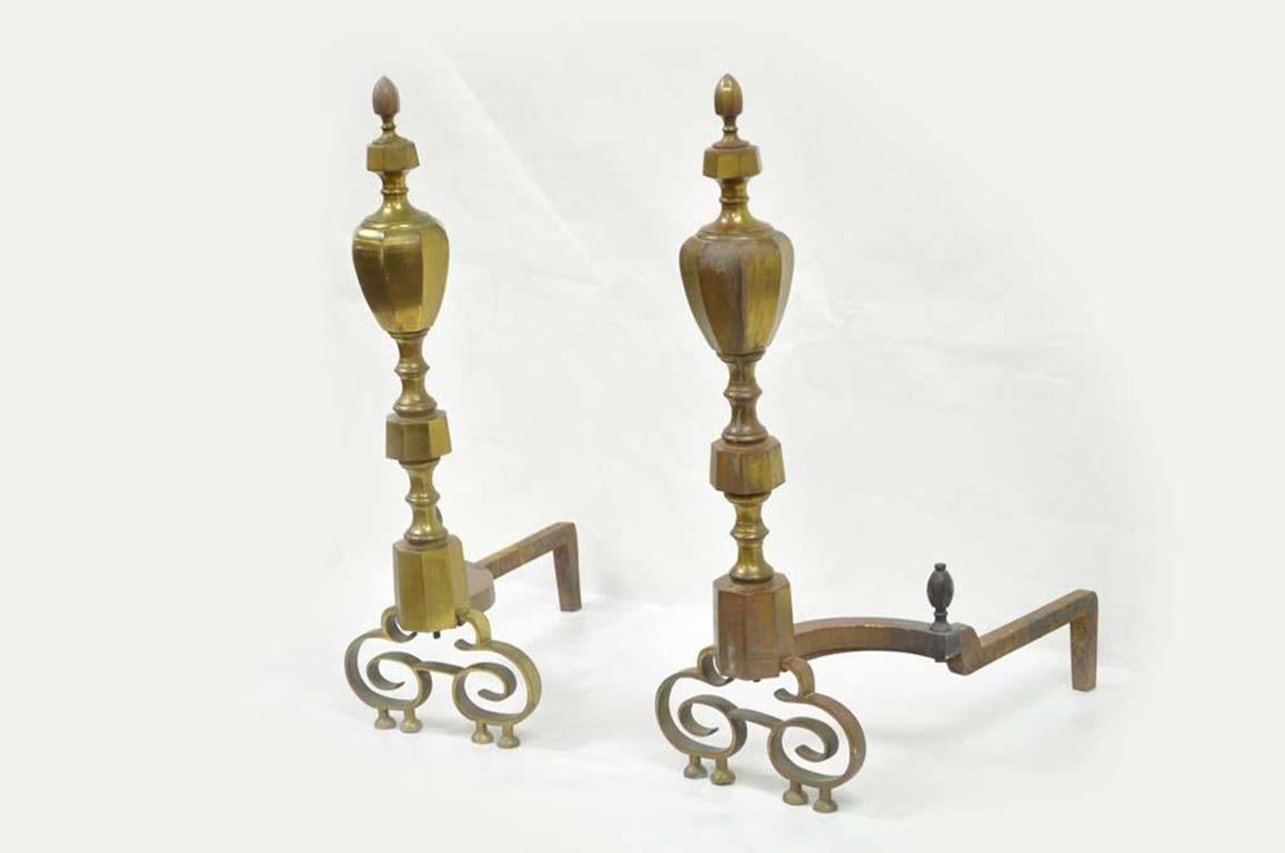 Stately antique 19th century pair of solid brass American Federal fireplace mantel andirons. Item features solid brass, and remarkable patina, circa mid-late 1800s. Measurements: 26