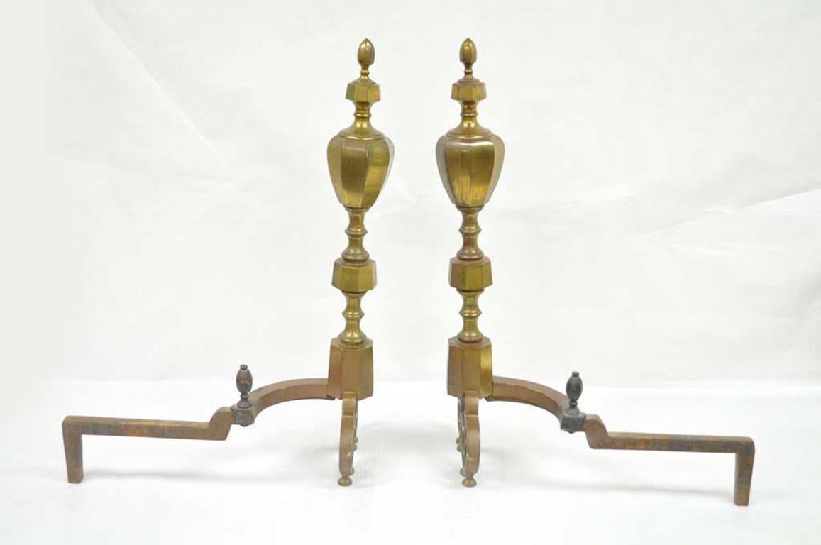 19th Century Pair of Solid Brass American Federal Fireplace Mantle Andirons For Sale 5