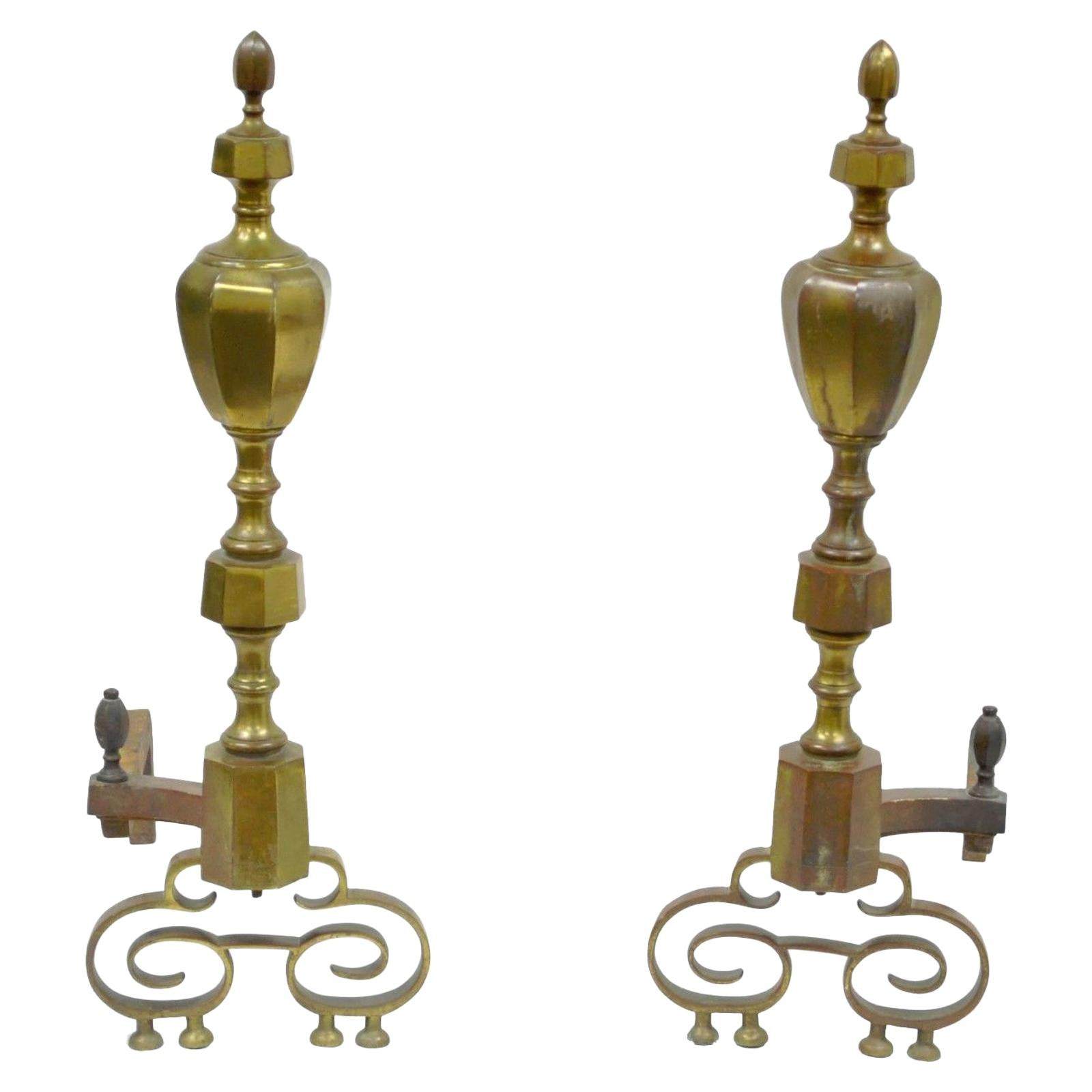 19th Century Pair of Solid Brass American Federal Fireplace Mantle Andirons