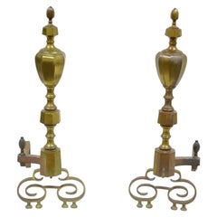 19th Century Pair of Solid Brass American Federal Fireplace Mantle Andirons