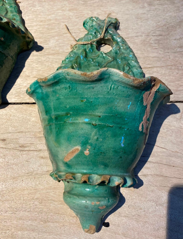 19th Century Pair of Spanish Green Glazed Ceramic Wall Hanging Pots at