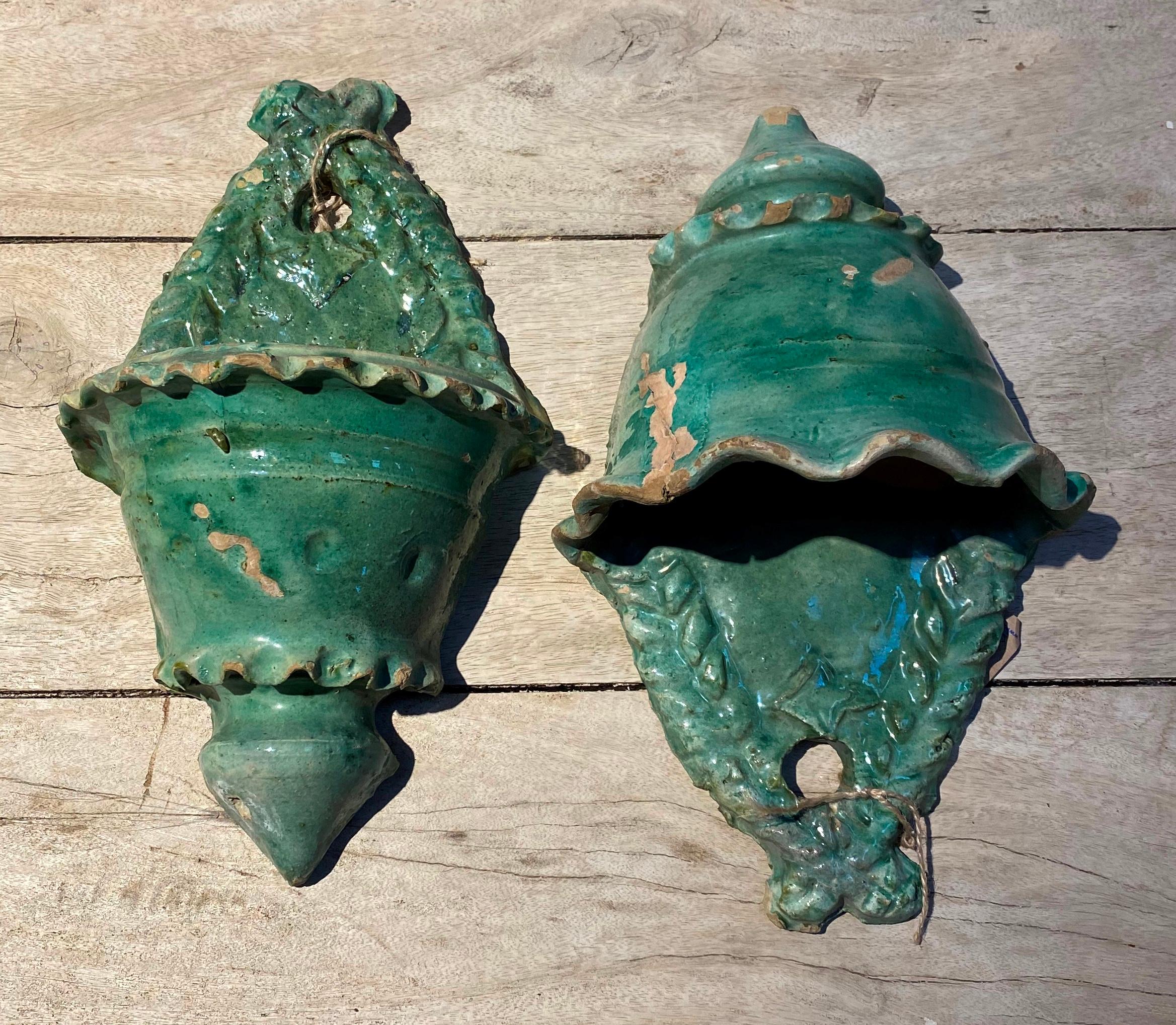 19th Century Pair of Spanish Green Glazed Ceramic Wall Hanging Pots 1