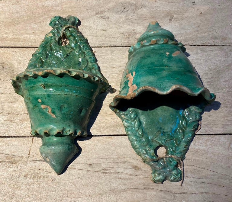 19th Century Pair of Spanish Green Glazed Ceramic Wall Hanging Pots at