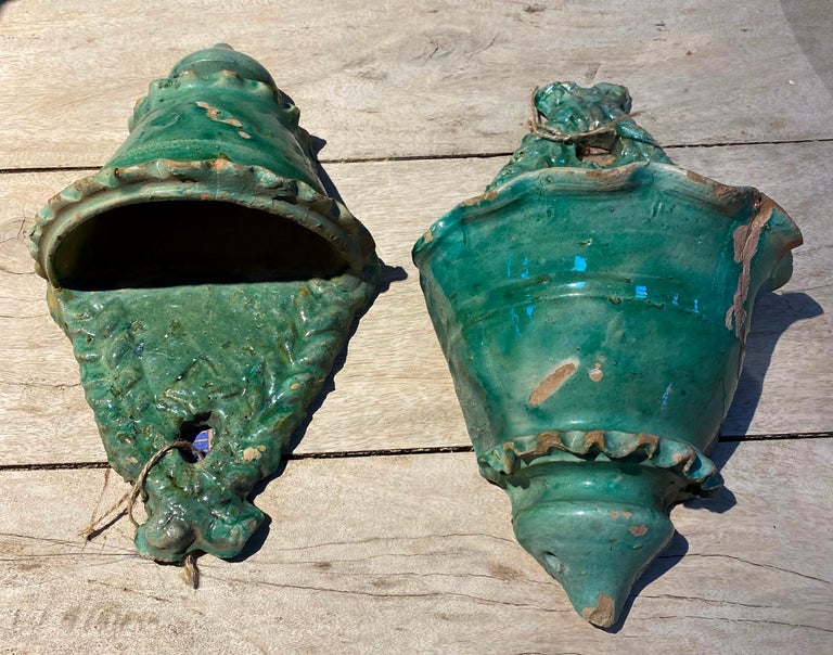 19th Century Pair of Spanish Green Glazed Ceramic Wall Hanging Pots at