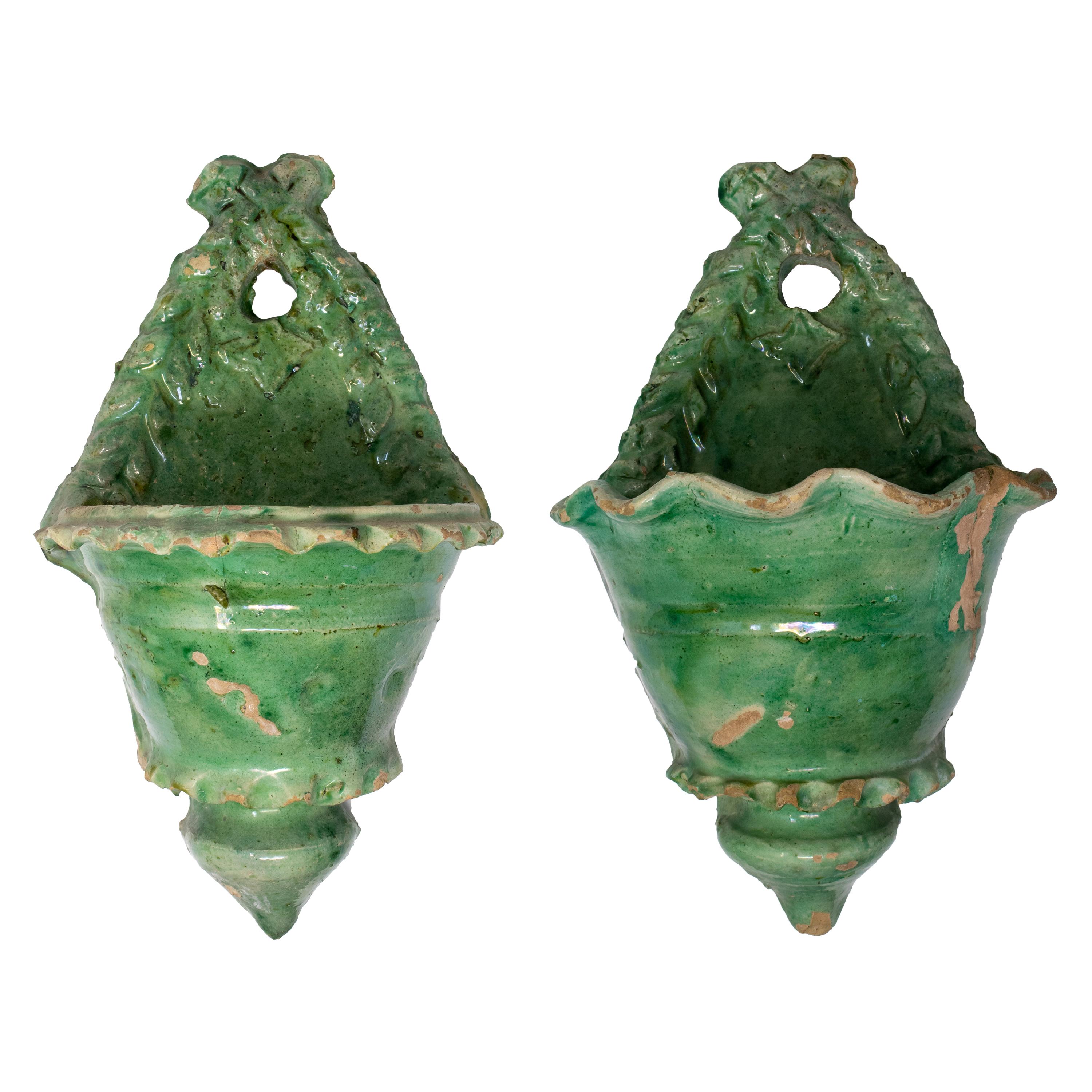 19th Century Pair of Spanish Green Glazed Ceramic Wall Hanging Pots