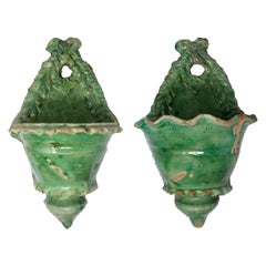 19th Century Pair of Spanish Green Glazed Ceramic Wall Hanging Pots