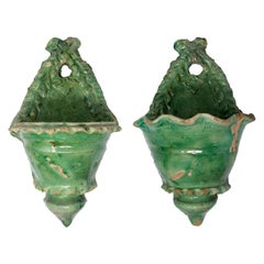 Antique 19th Century Pair of Spanish Green Glazed Ceramic Wall Hanging Pots