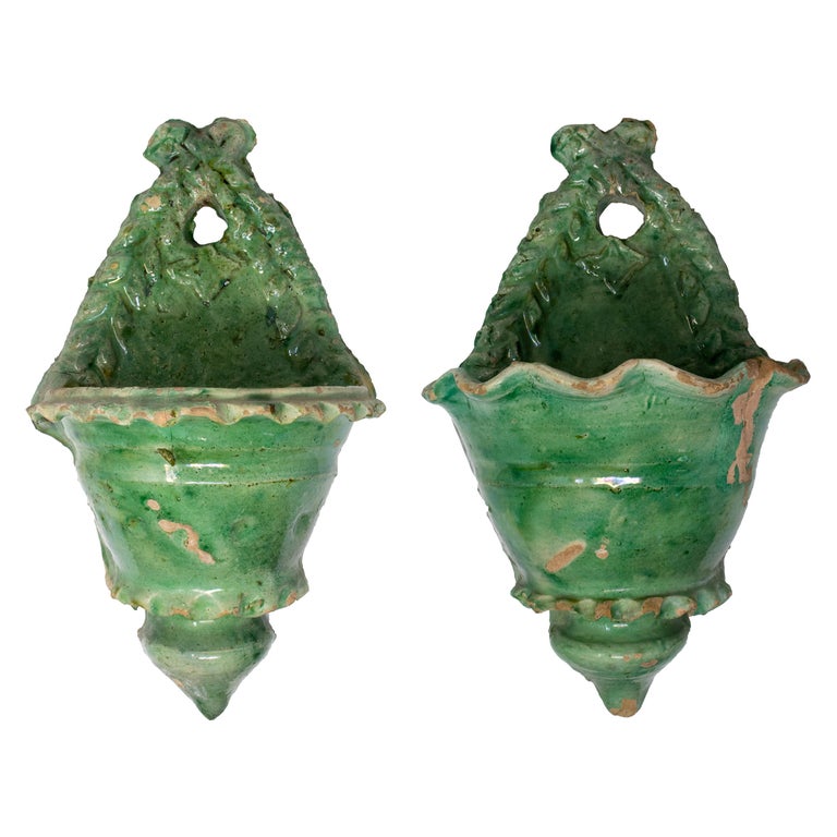 19th Century Pair of Spanish Green Glazed Ceramic Wall Hanging Pots at
