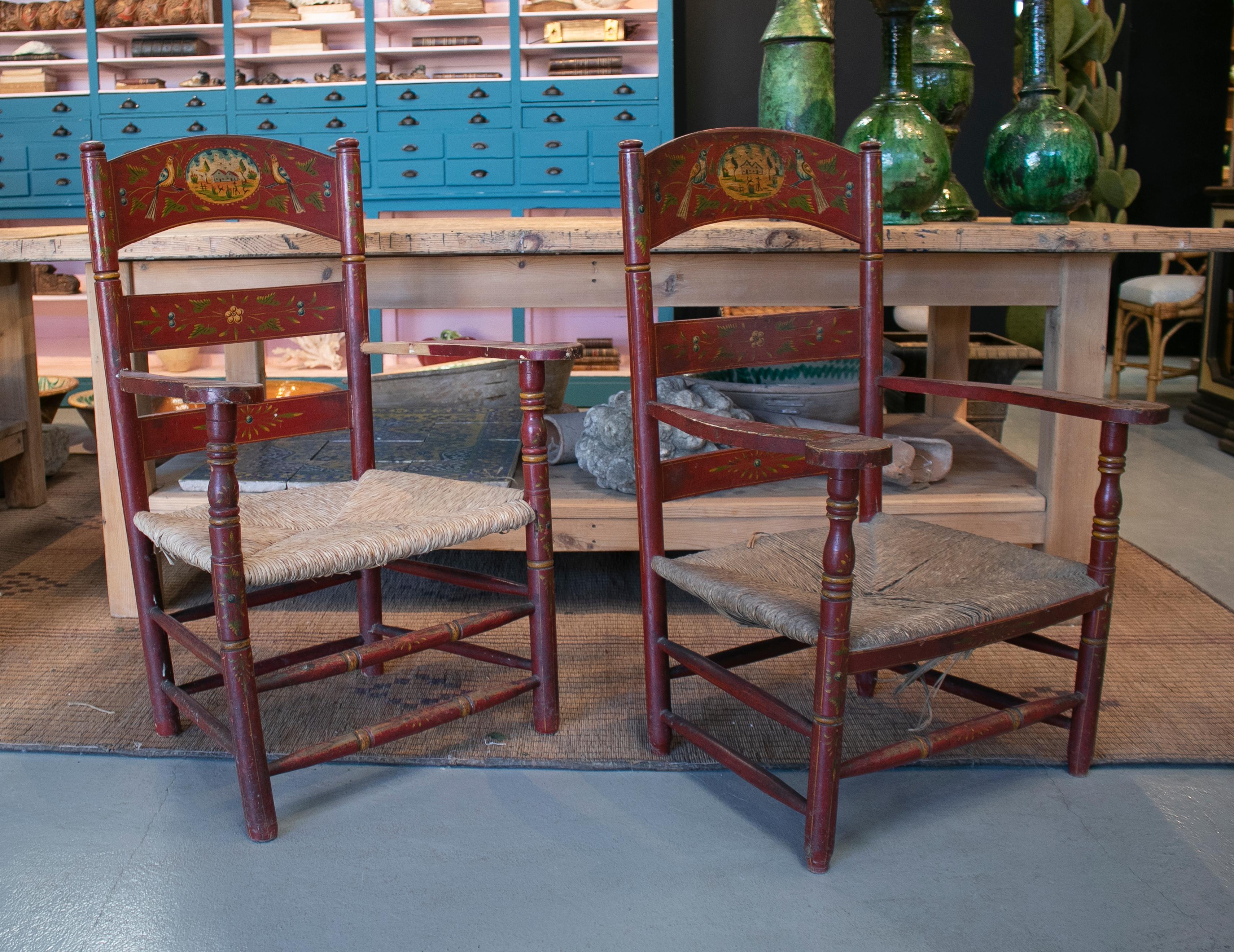 Hand-Painted 19th Century Pair of Spanish Hand Decorated Rope Bottomed Wooden Armchairs
