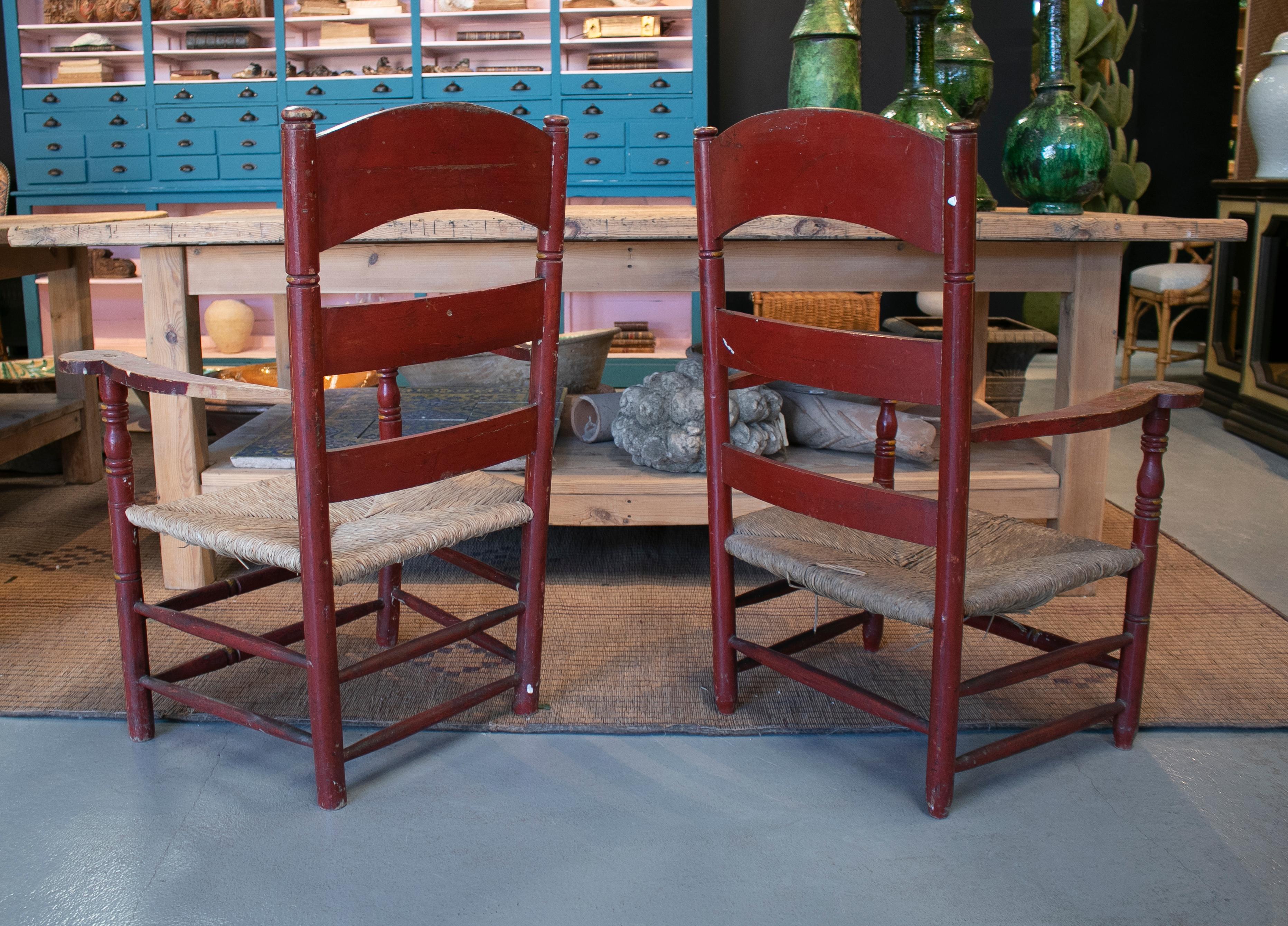 19th Century Pair of Spanish Hand Decorated Rope Bottomed Wooden Armchairs 1