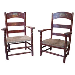 19th Century Pair of Spanish Hand Decorated Rope Bottomed Wooden Armchairs