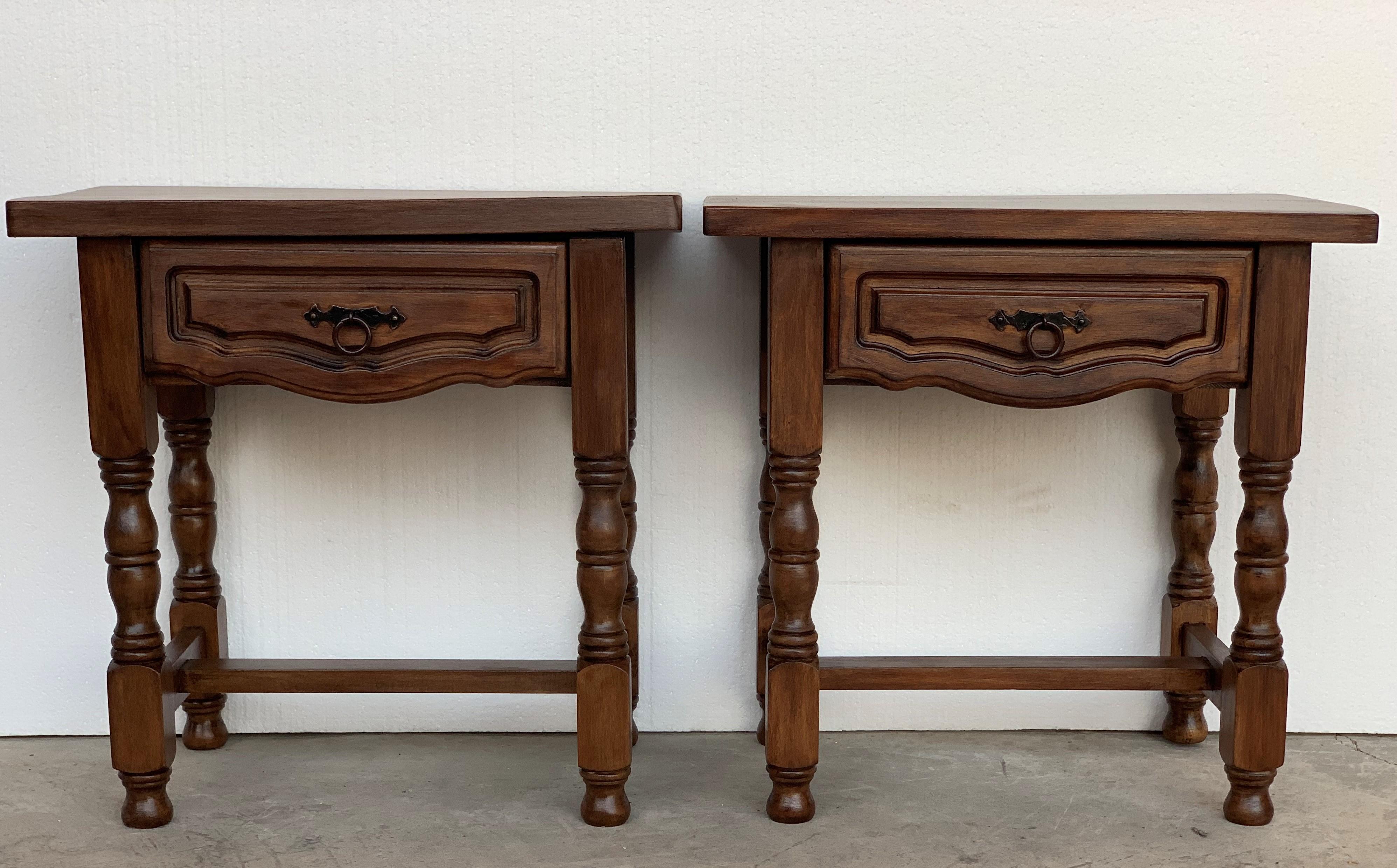 19th century pair of Spanish nightstands, bedsides, side tables with carved drawer.