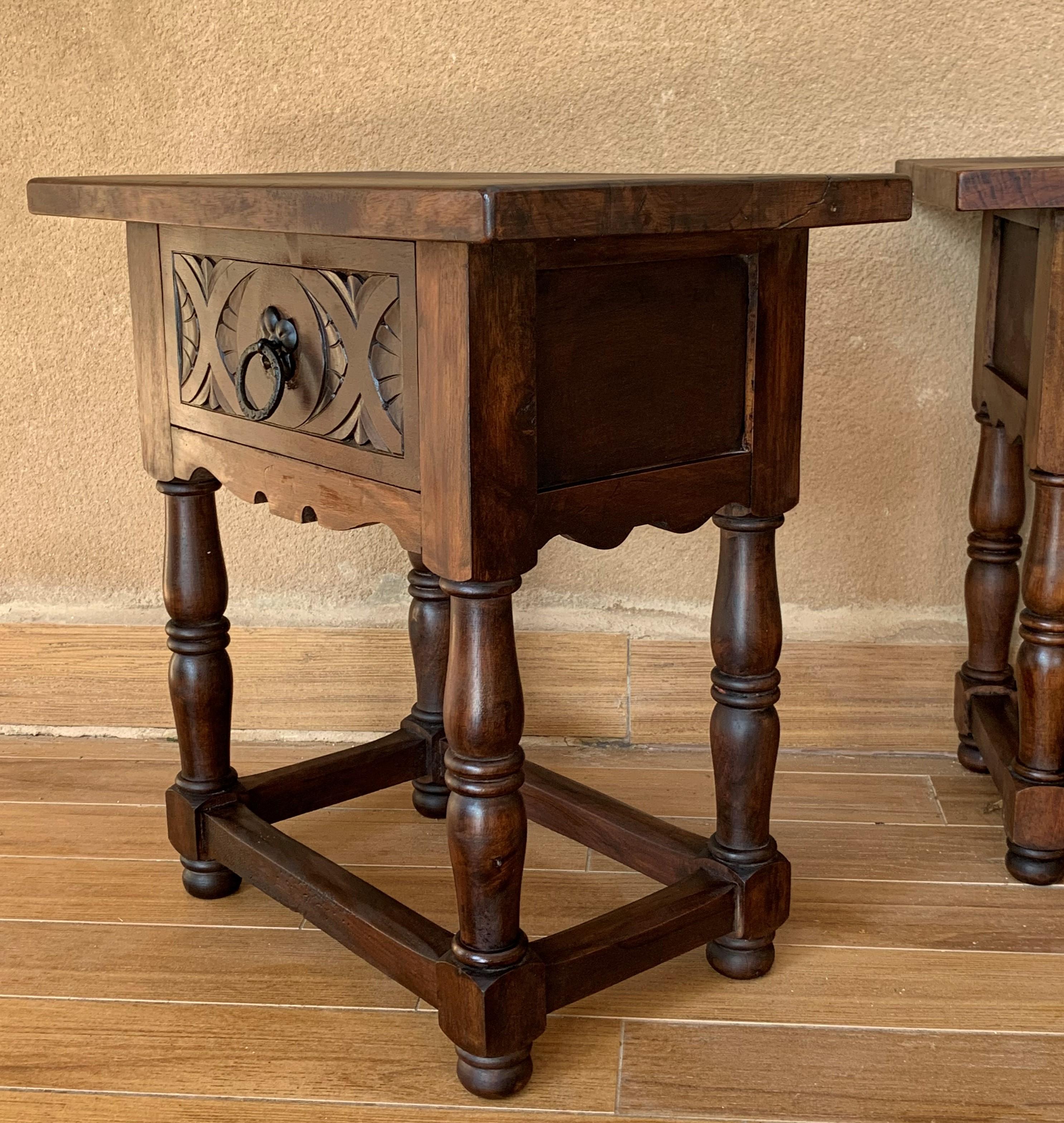 19th Century Pair of Spanish Nightstands with Carved Drawer and Iron Hardware 5