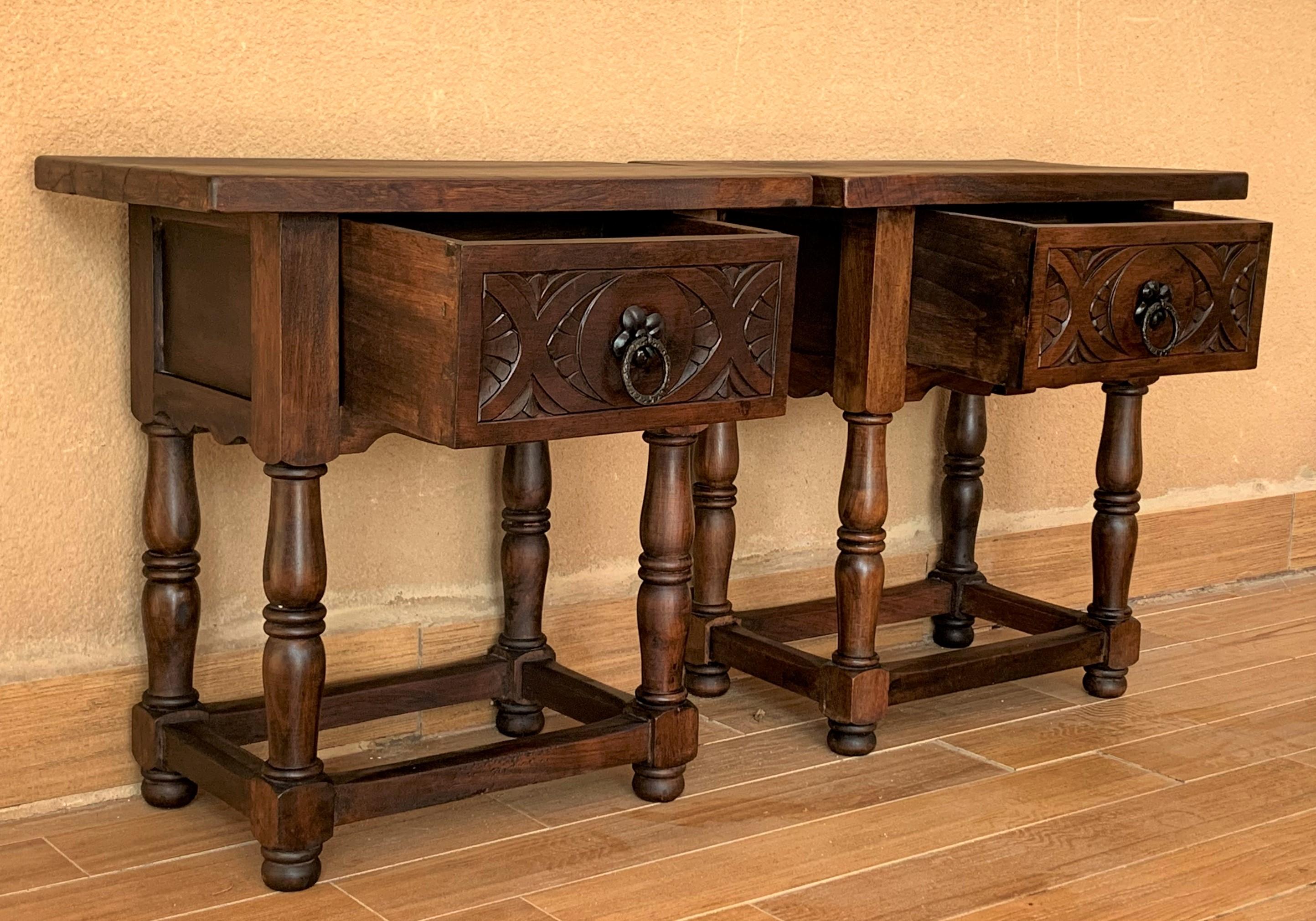Walnut 19th Century Pair of Spanish Nightstands with Carved Drawer and Iron Hardware