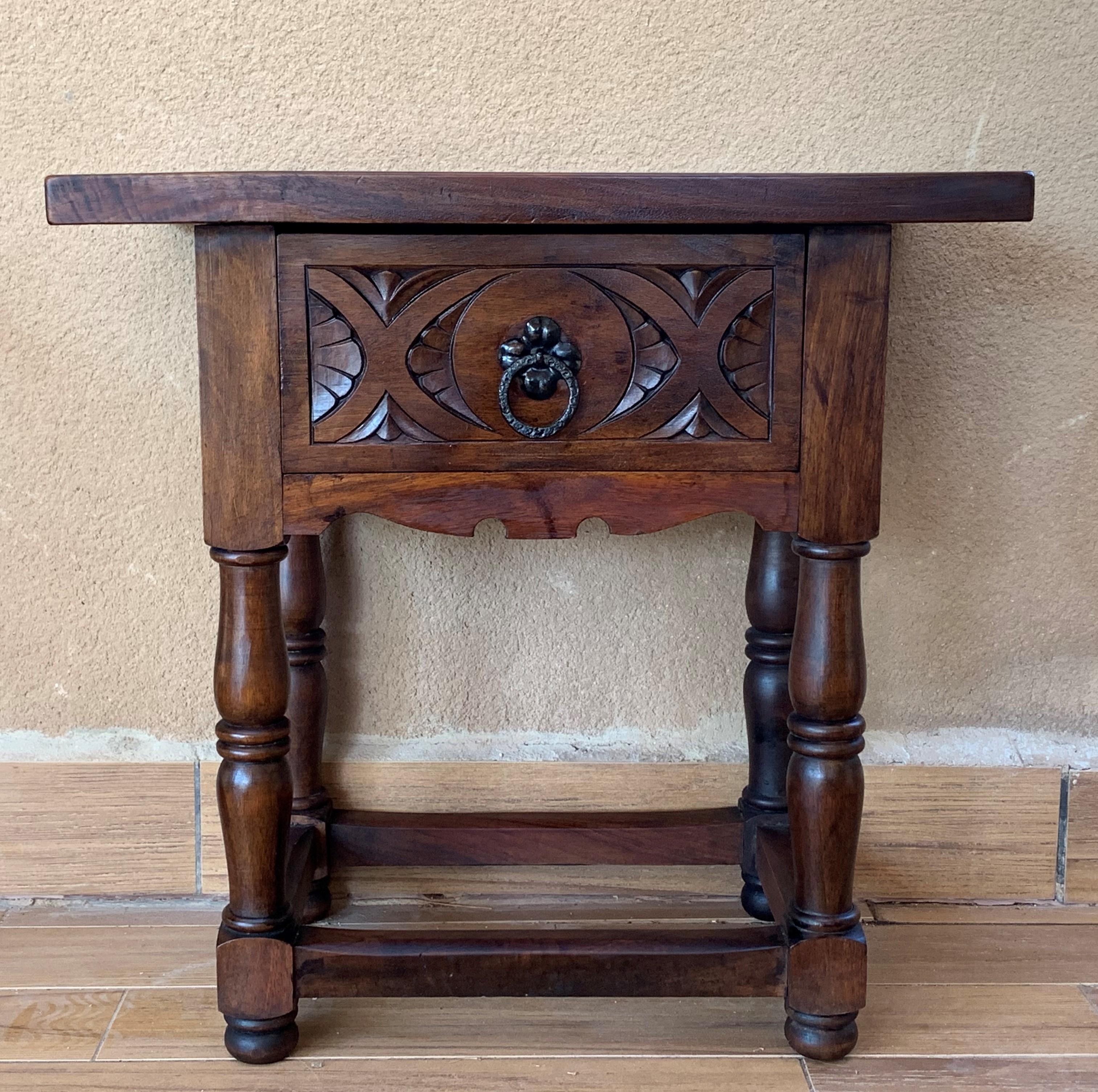 19th Century Pair of Spanish Nightstands with Carved Drawer and Iron Hardware 2