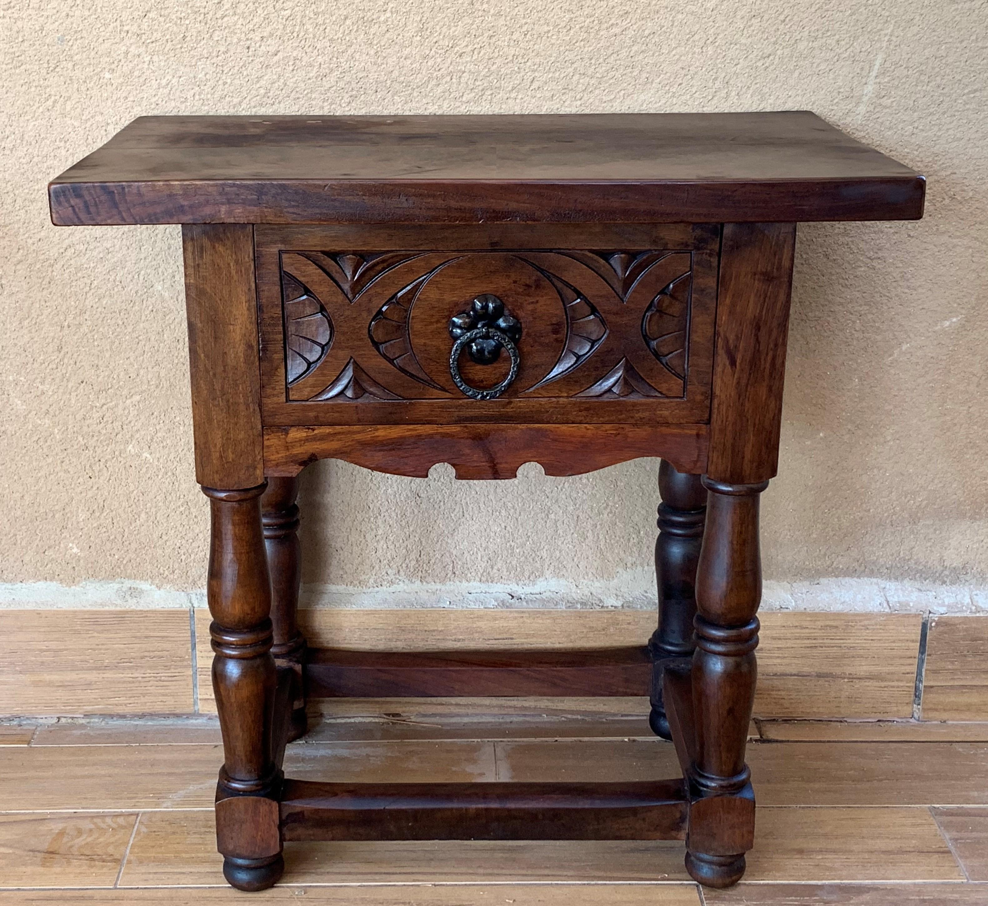 19th Century Pair of Spanish Nightstands with Carved Drawer and Iron Hardware 3