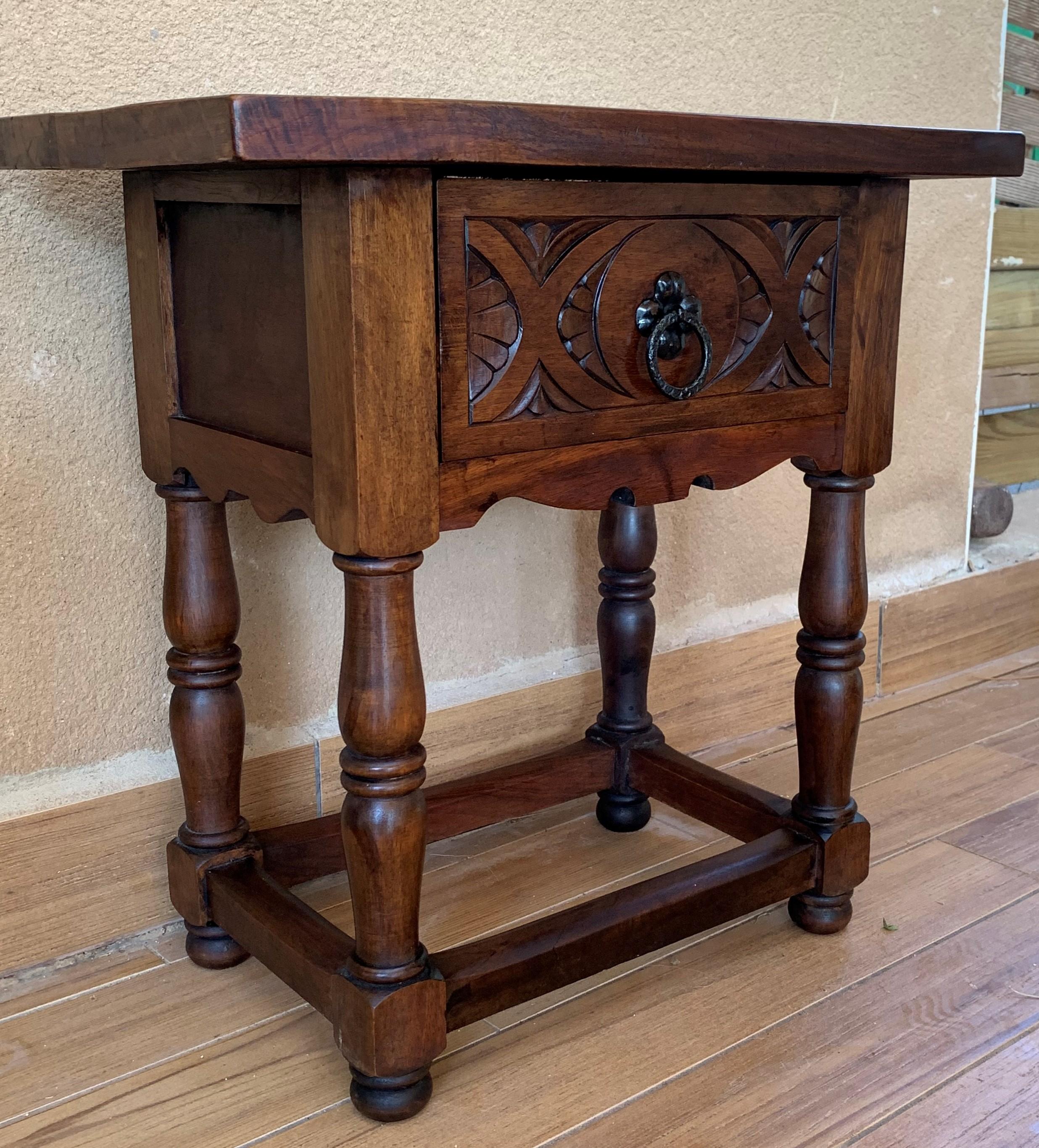 19th Century Pair of Spanish Nightstands with Carved Drawer and Iron Hardware 4
