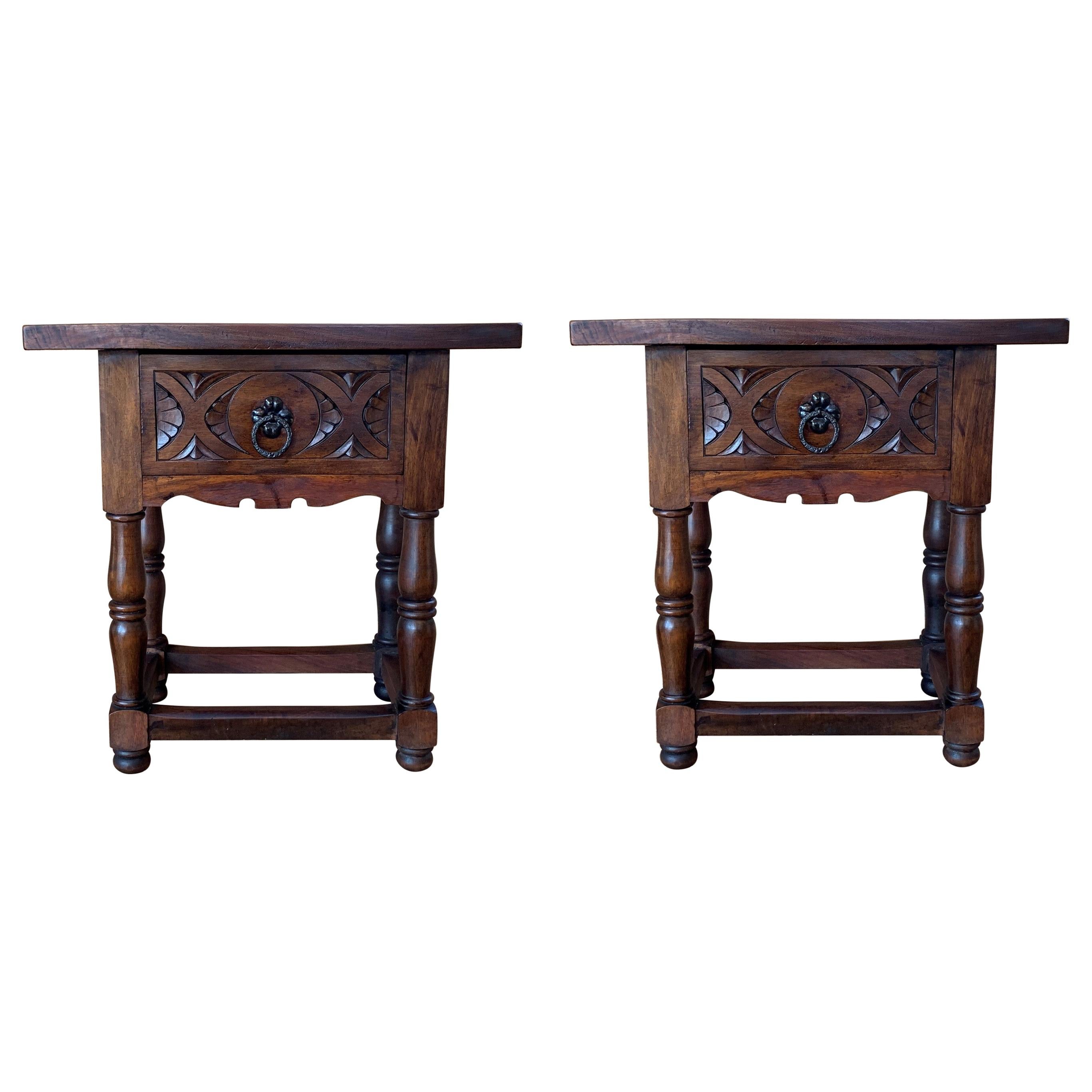 19th Century Pair of Spanish Nightstands with Carved Drawer and Iron Hardware