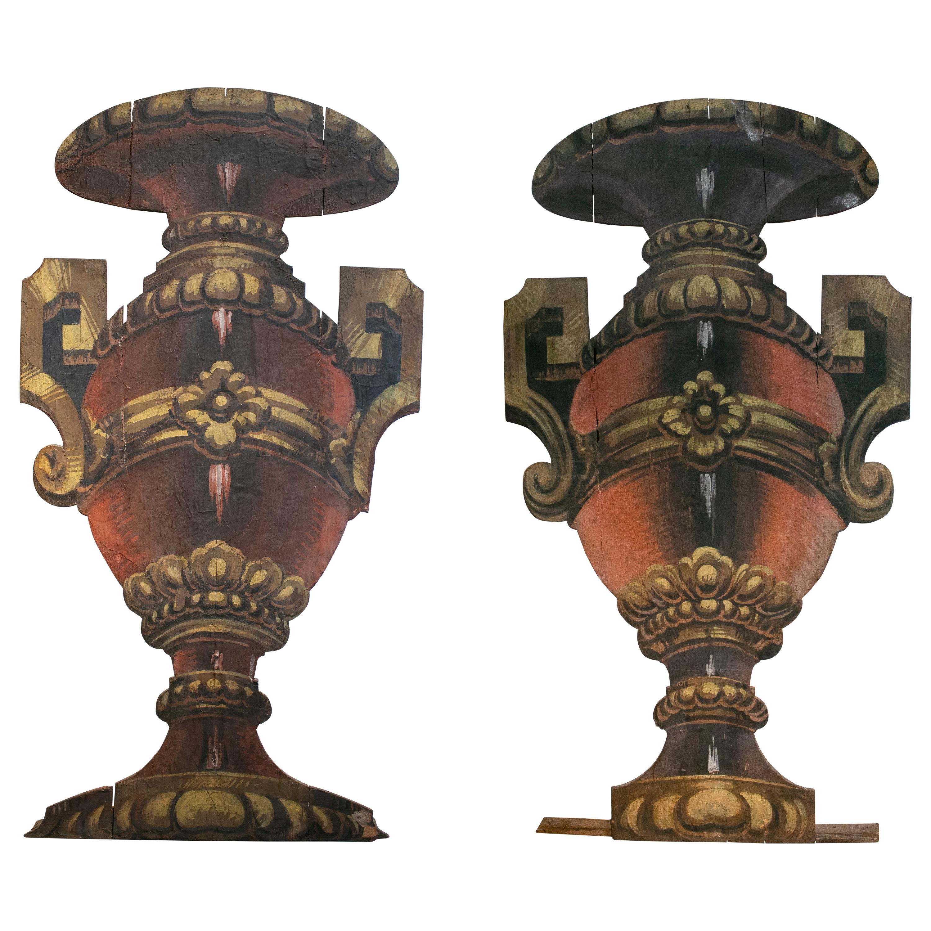 19th Century Pair of Spanish Vases Painted on Wood