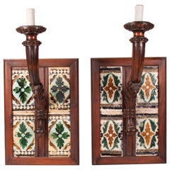 19th Century Pair of Spanish Wall Lamps with 16th Century Cuerda Seca Tiles