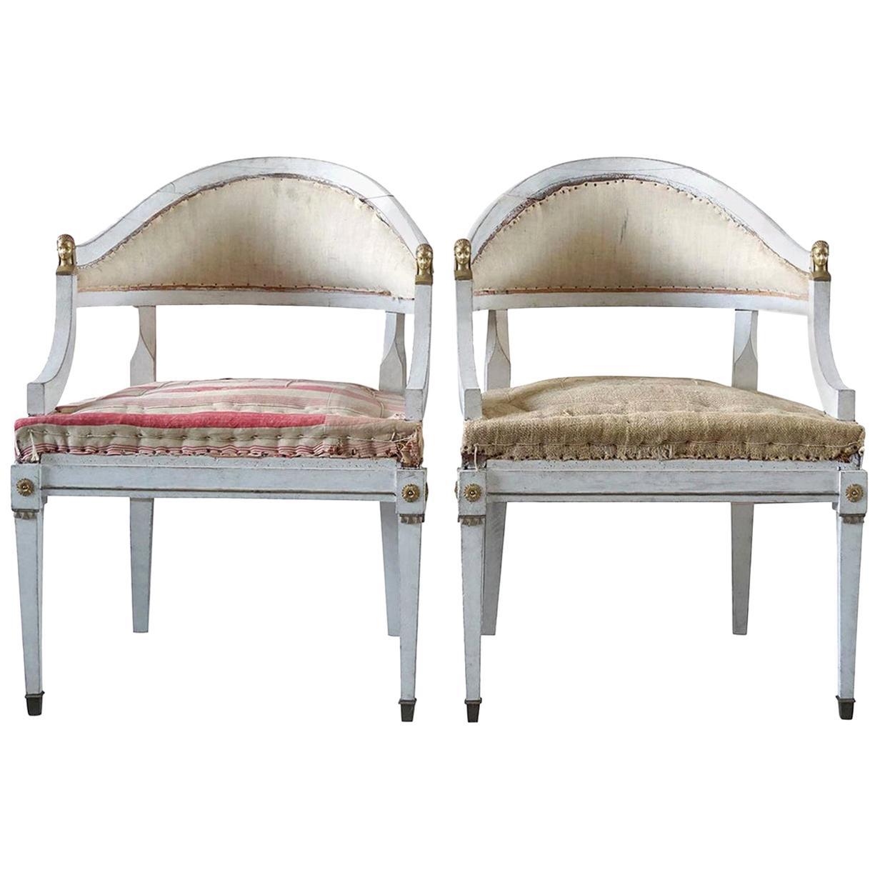 19th Century Pair of Swedish Gustavian Bronze Armchairs, Pinewood Side Chairs