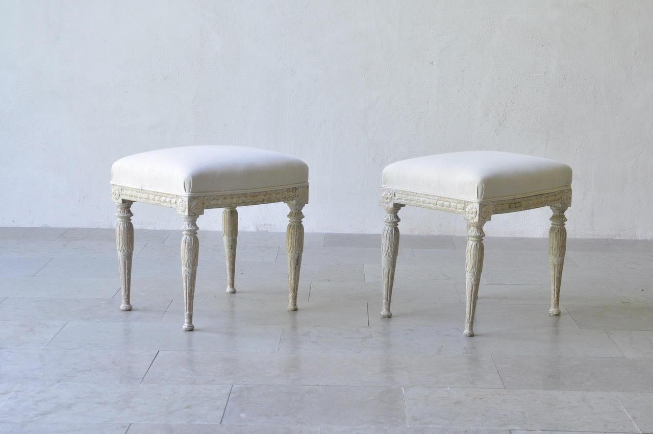 19th Century Pair of Swedish Gustavian Period Stool in Original Paint In Excellent Condition In Wichita, KS