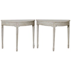 19th Century Pair of Swedish Gustavian Style Painted Demilune Console Tables