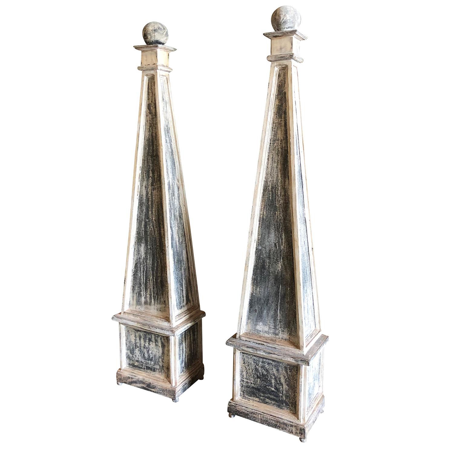 Neoclassical 19th Century Grey Pair of Swedish Gustavian Obelisks, Antique Pinewood Decor