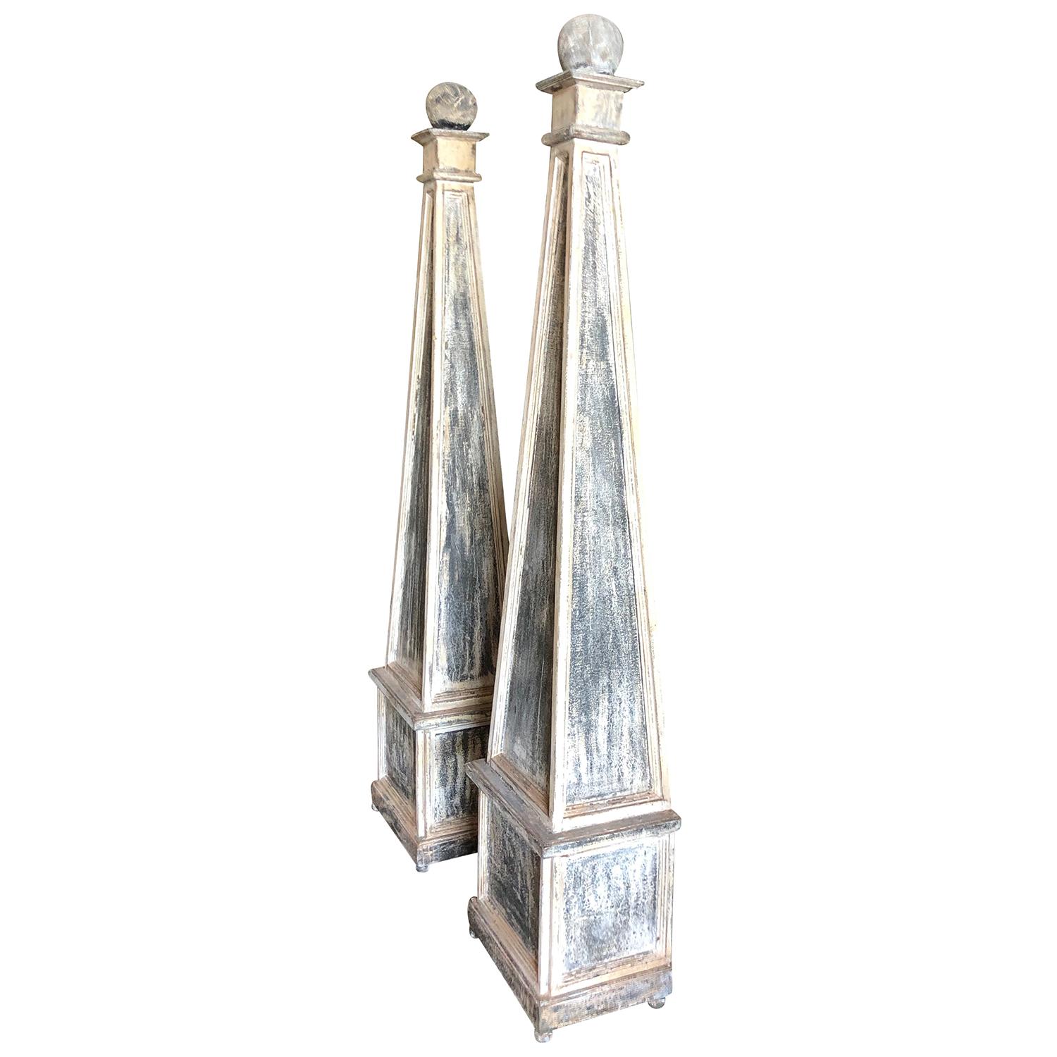 Hand-Carved 19th Century Grey Pair of Swedish Gustavian Obelisks, Antique Pinewood Decor